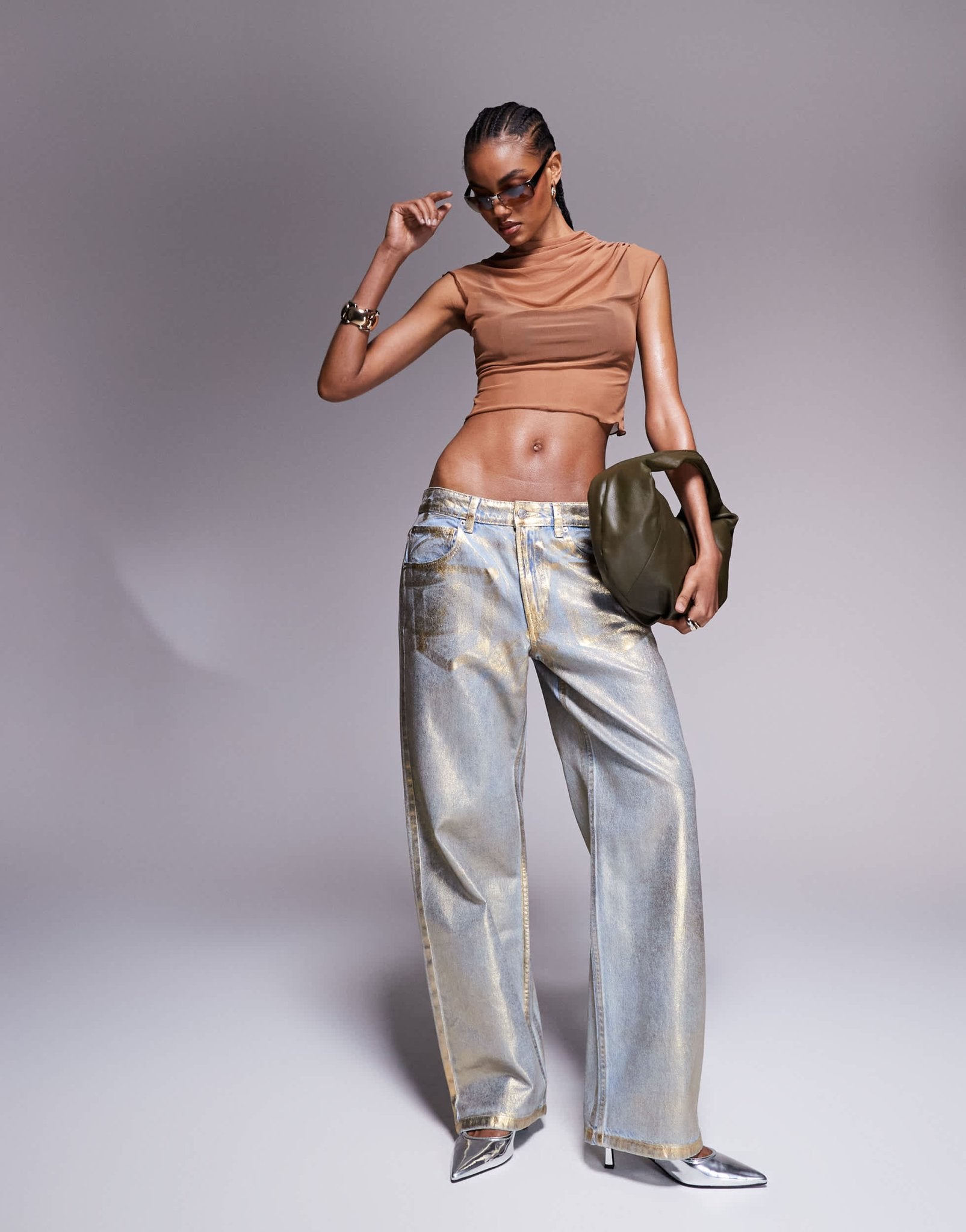 ASOS DESIGN mesh overlay top with bralet detail in caramel - ASOS Sample Sale