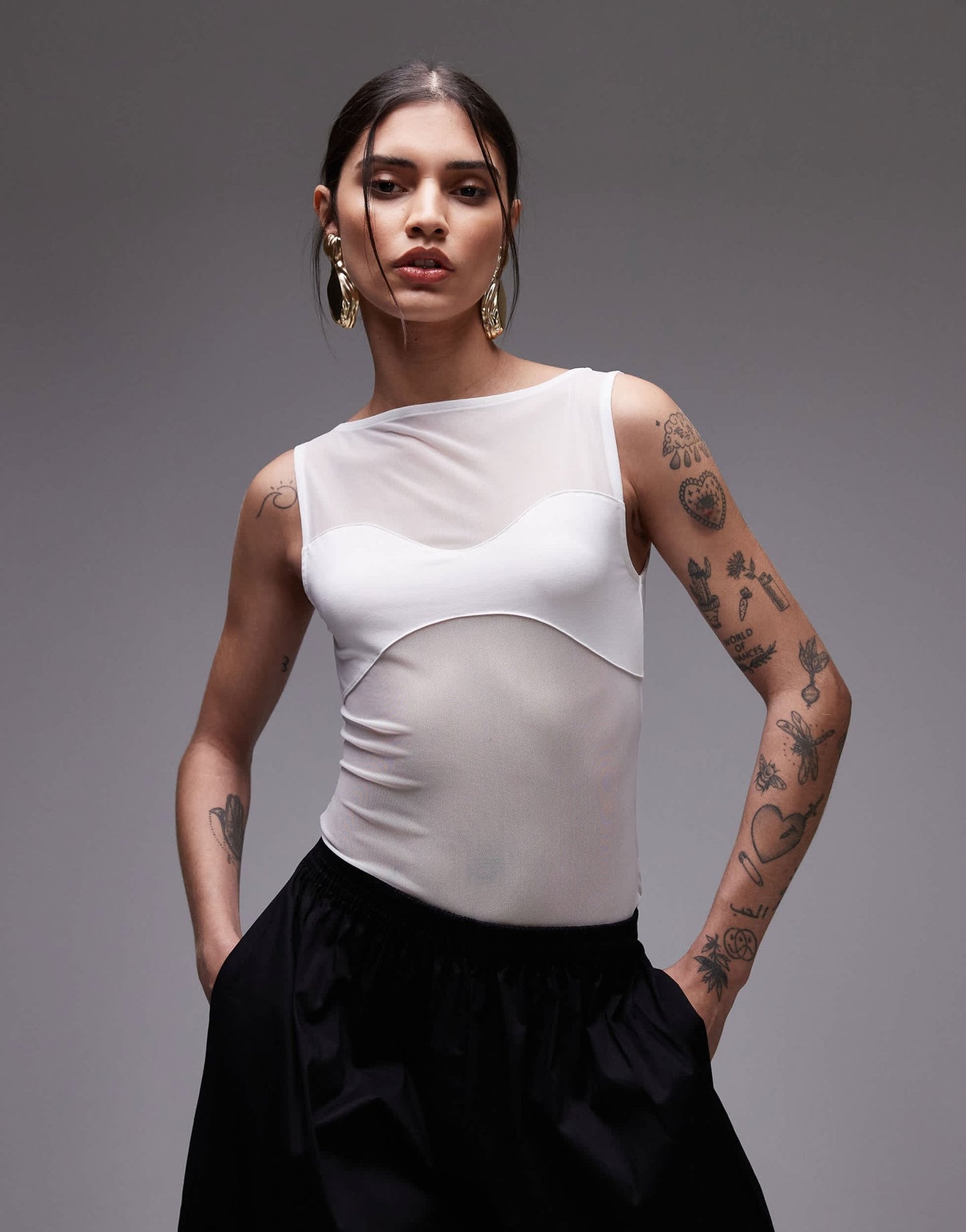 ASOS DESIGN mesh panel fabric mix body in ecru - ASOS Sample Sale