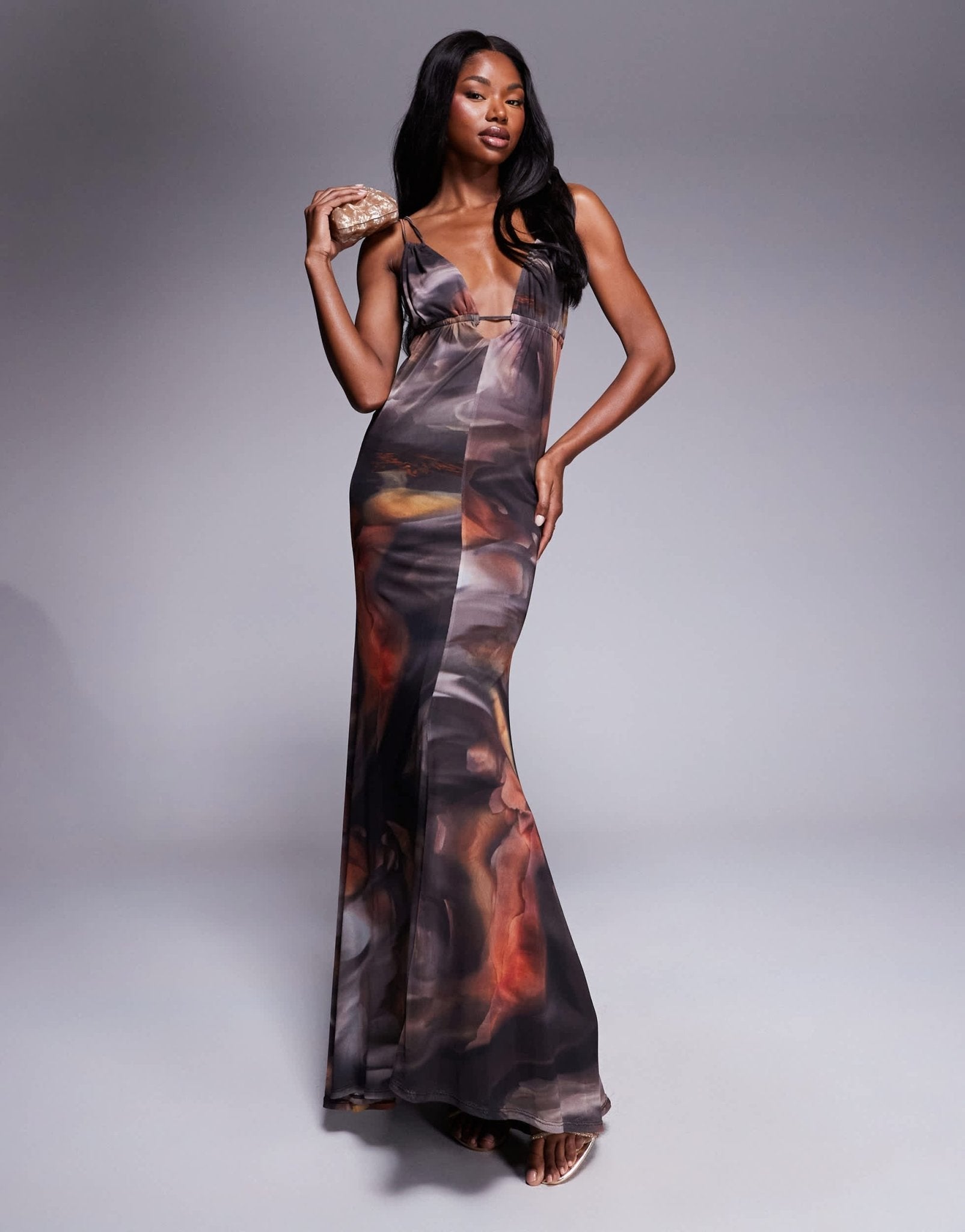 ASOS DESIGN mesh plunge neckline double strap maxi dress with sash in swirl print - ASOS Sample Sale