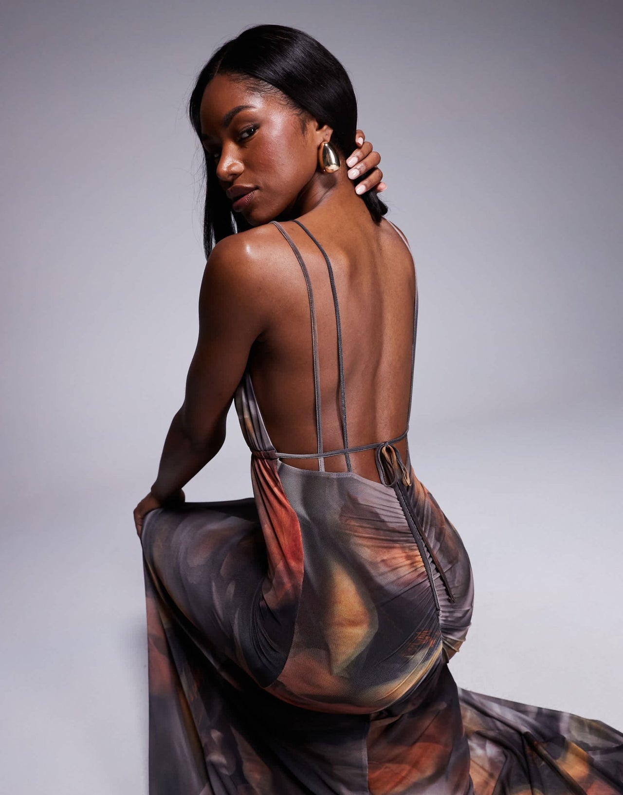 ASOS DESIGN mesh plunge neckline double strap maxi dress with sash in swirl print - ASOS Sample Sale