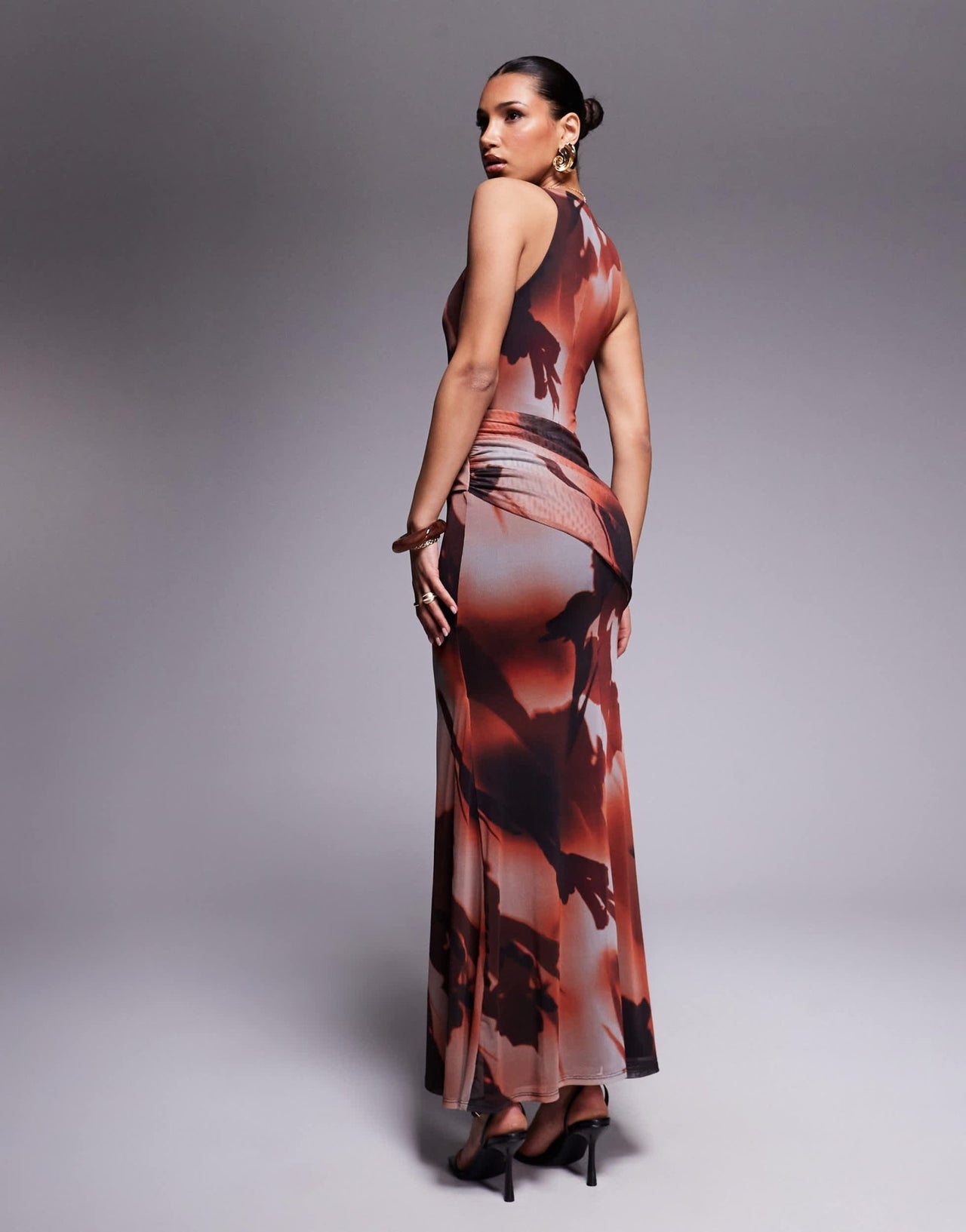 ASOS DESIGN mesh plunge neckline maxi dress with wrap sash detail in blurred orange print - ASOS Sample Sale