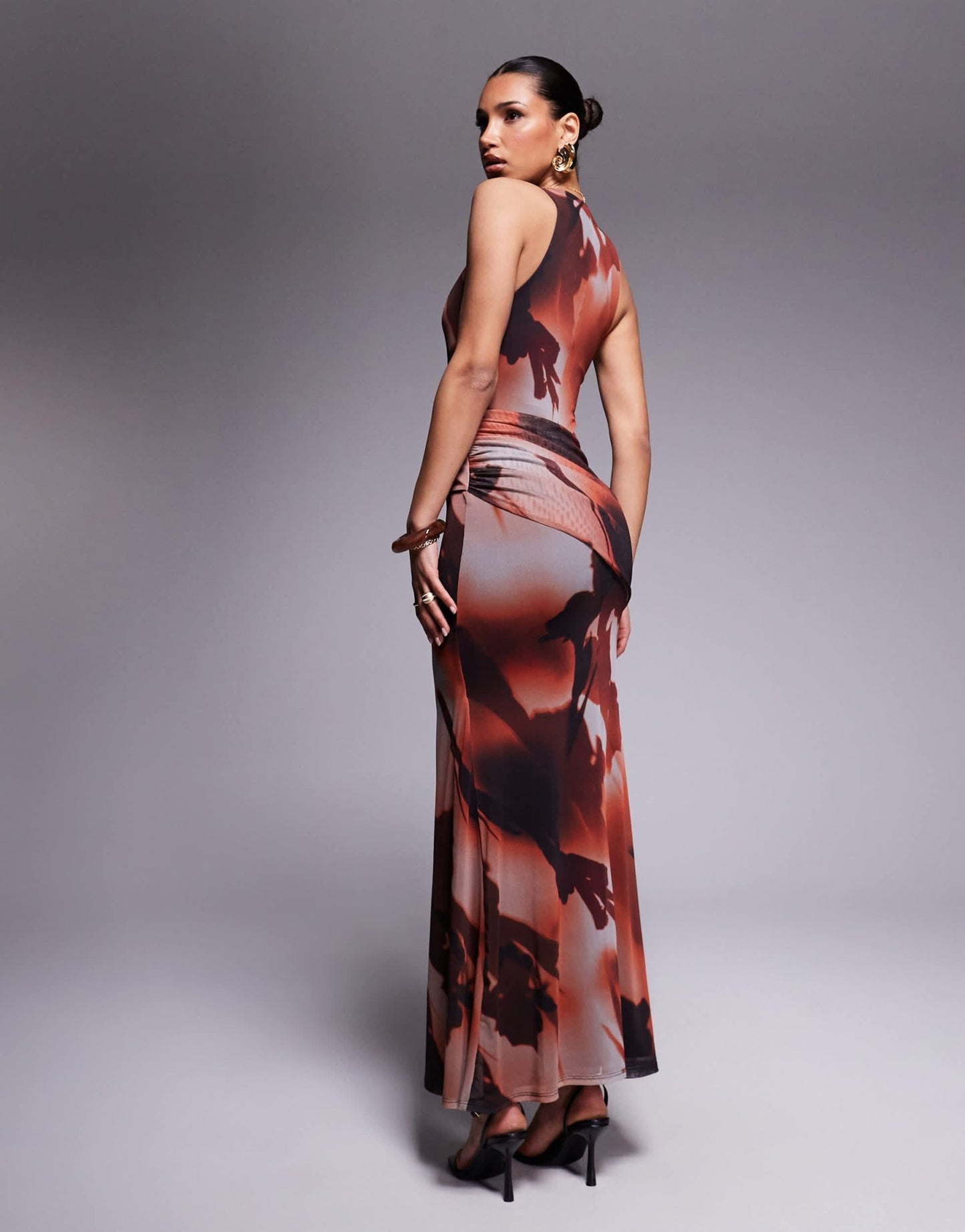 ASOS DESIGN mesh plunge neckline maxi dress with wrap sash detail in blurred orange print - ASOS Sample Sale