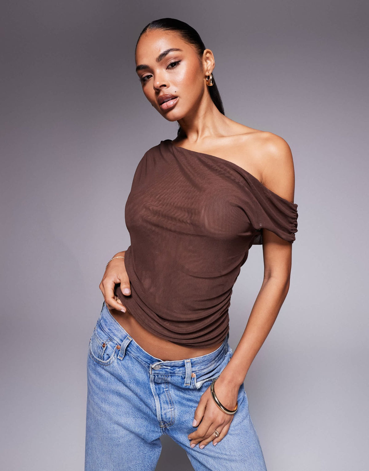 ASOS DESIGN mesh ruched asymmetric top in chocolate - BROWN - ASOS Sample Sale