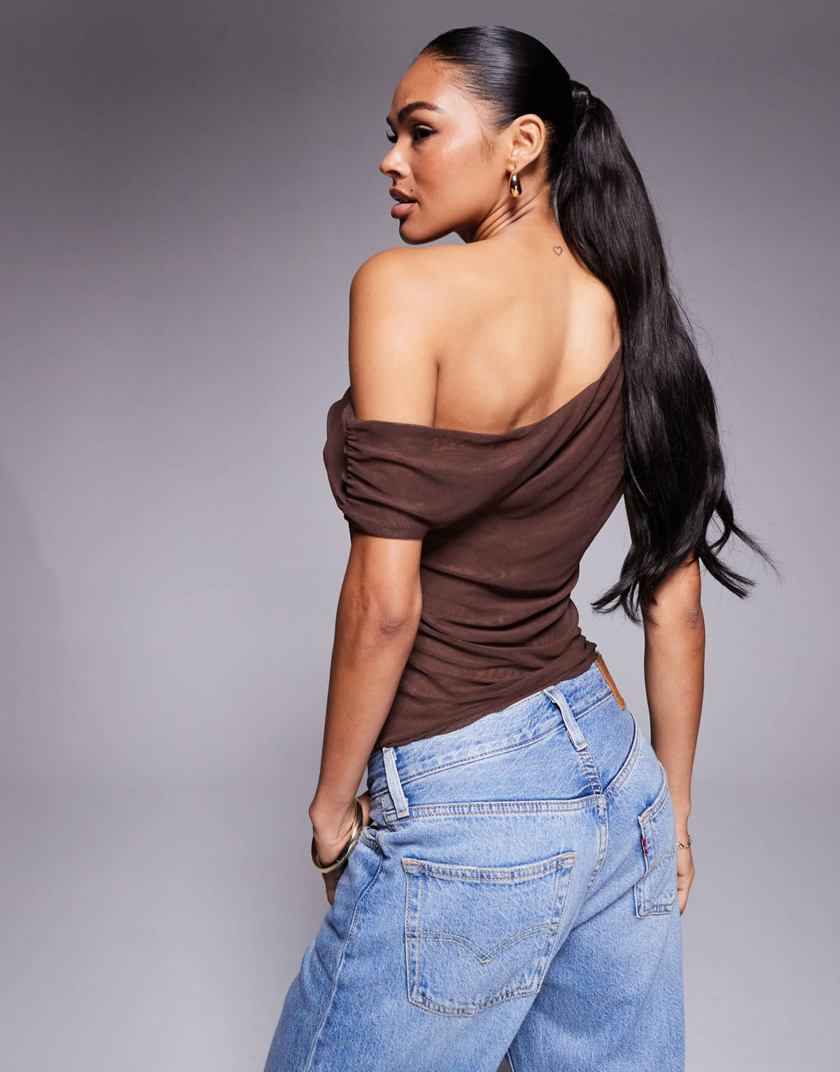 ASOS DESIGN mesh ruched asymmetric top in chocolate - BROWN - ASOS Sample Sale