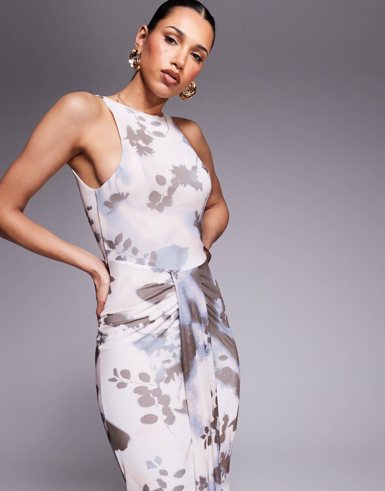 ASOS DESIGN mesh slash neck open back midi dress with sash detail in abstract floral print - ASOS Sample Sale