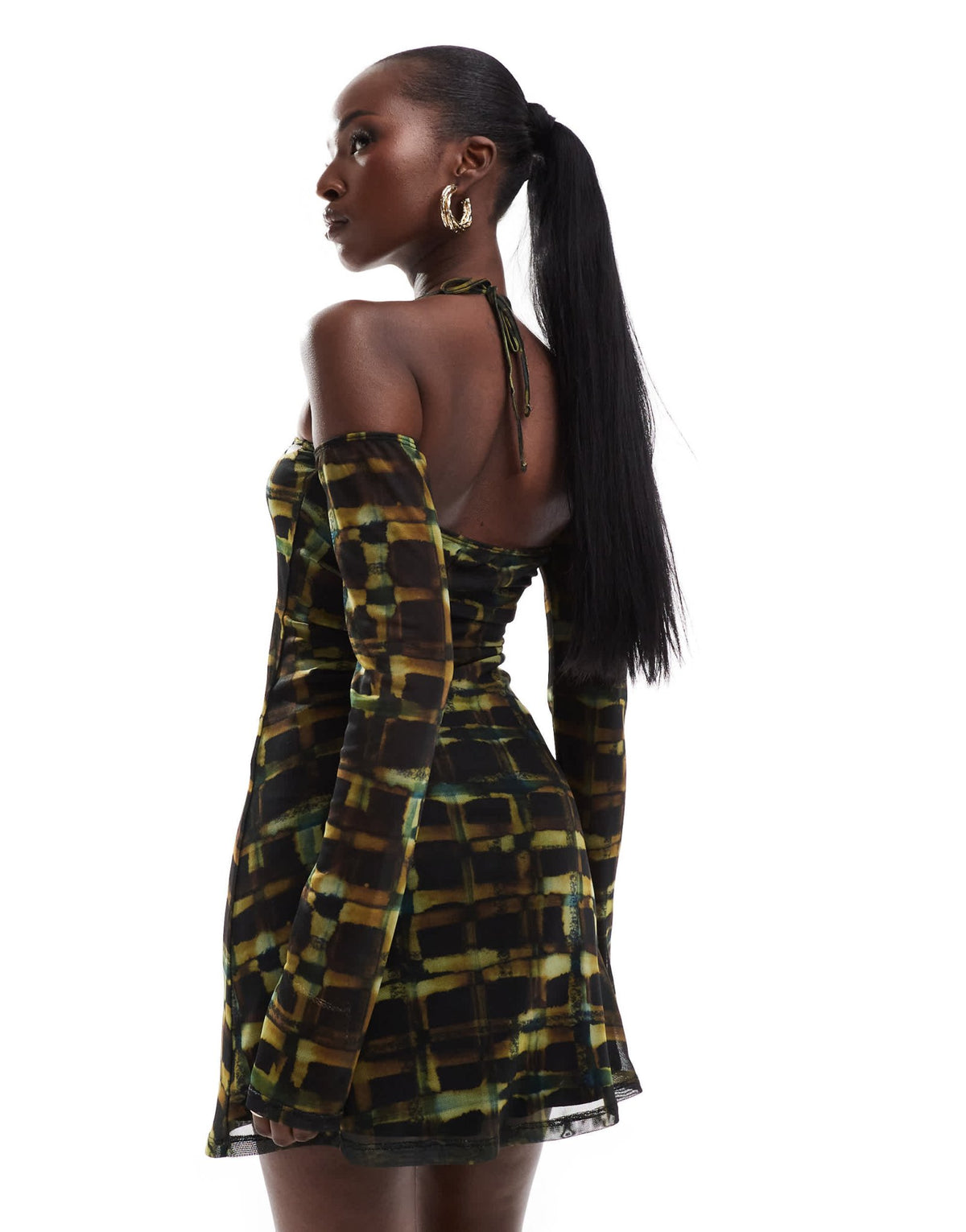 ASOS DESIGN mesh strung neckline mini dress with dip back sleeves in dark check - ASOS Sample Sale