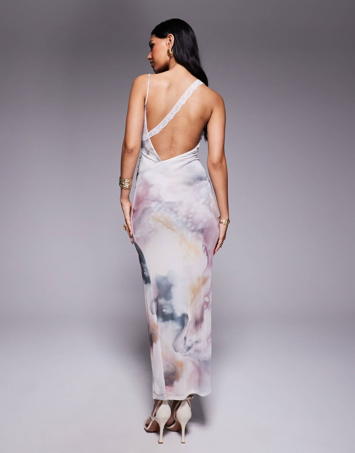 ASOS DESIGN mesh super scoop neck midi dress with asymmetric lace trim panels in watercolour print - ASOS Sample Sale
