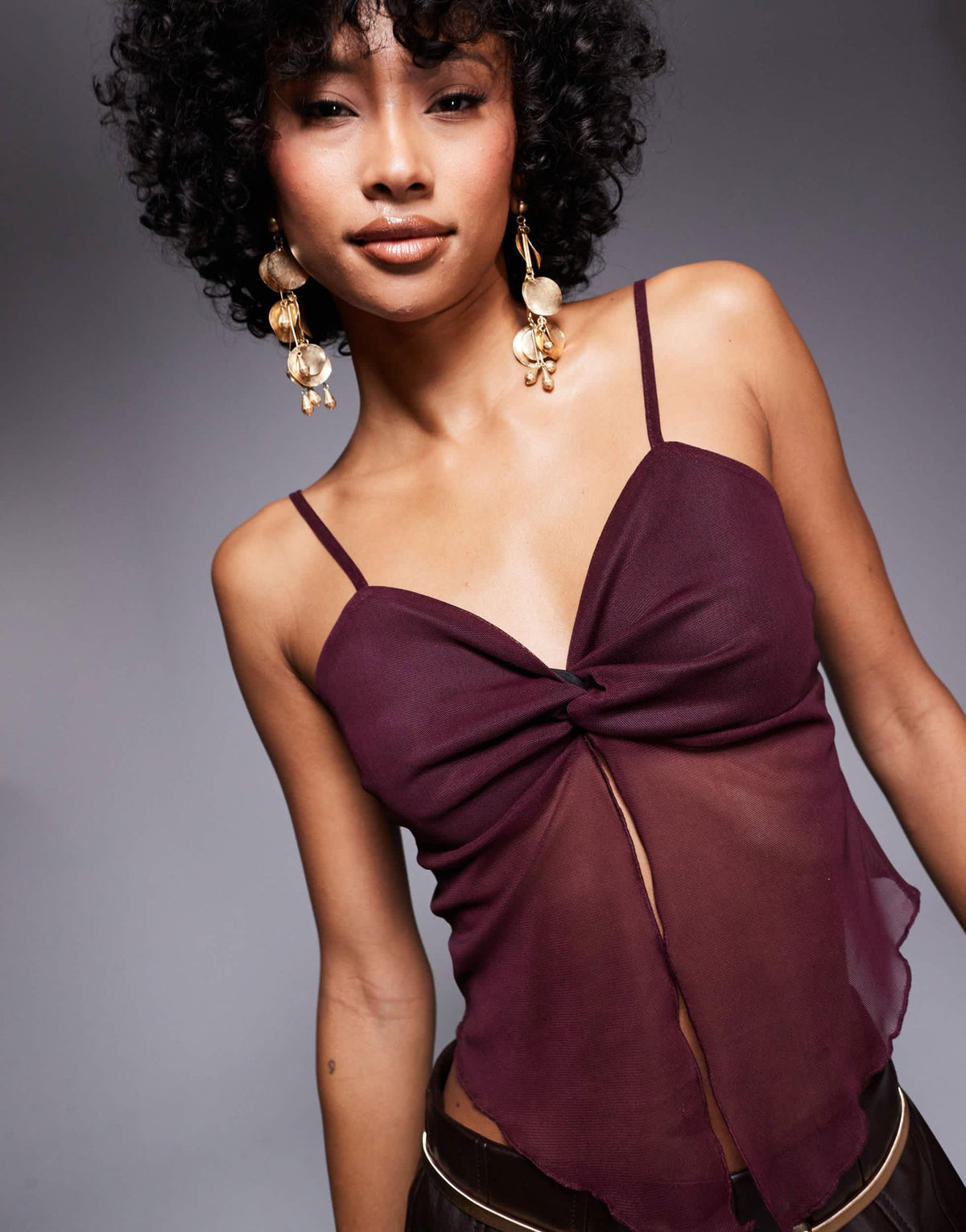 ASOS DESIGN mesh twist front cami in burgundy - ASOS Sample Sale