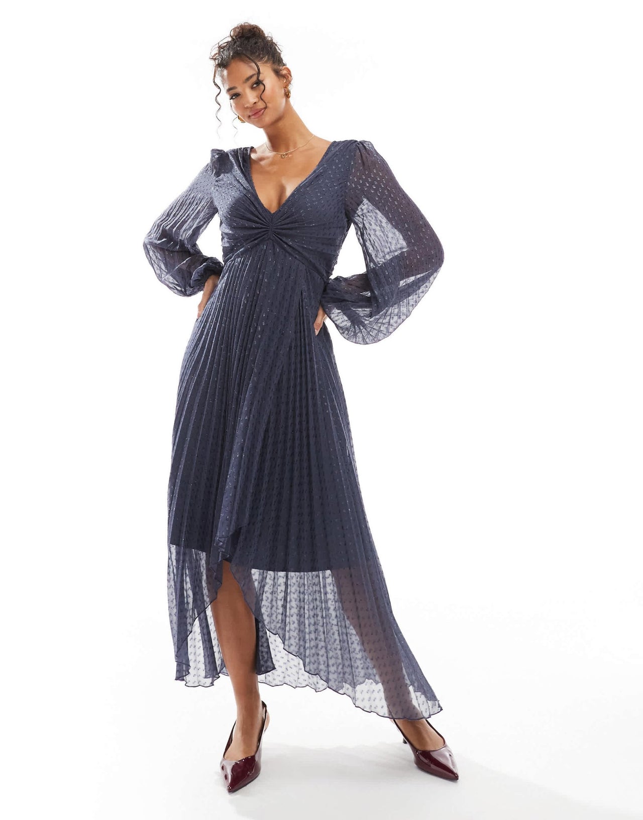 ASOS DESIGN metallic dobby pleat wrap skirt midi dress in washed navy - ASOS Sample Sale