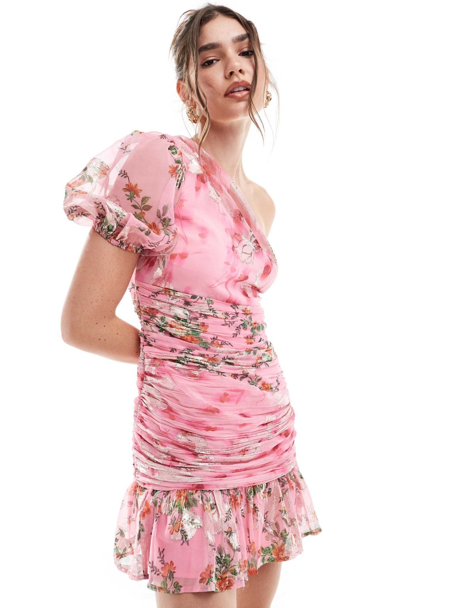ASOS DESIGN metallic one shoulder mini dress in pink floral - ASOS Sample Sale