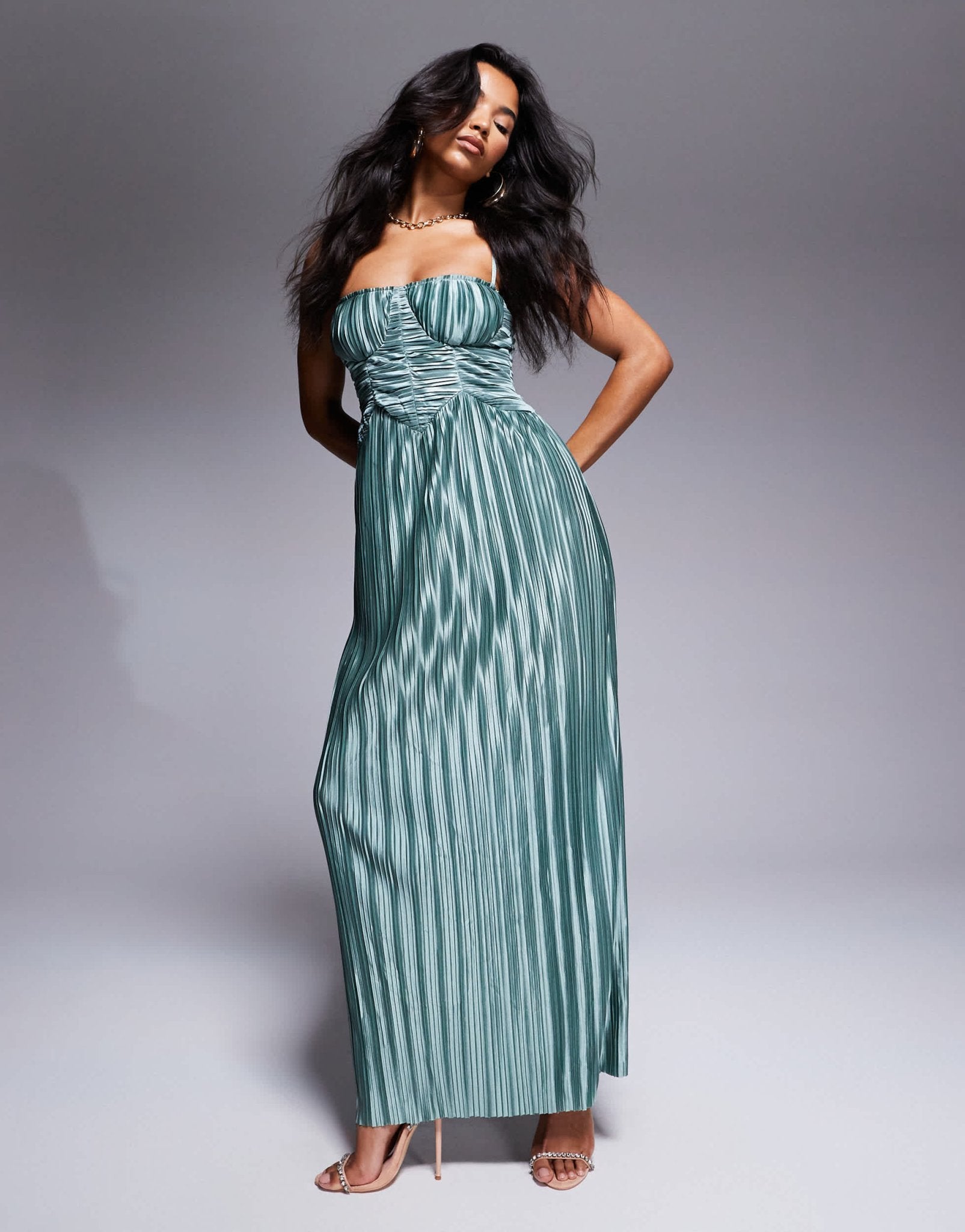 ASOS DESIGN metallic plisse cupped ruched detail maxi dress in green - ASOS Sample Sale