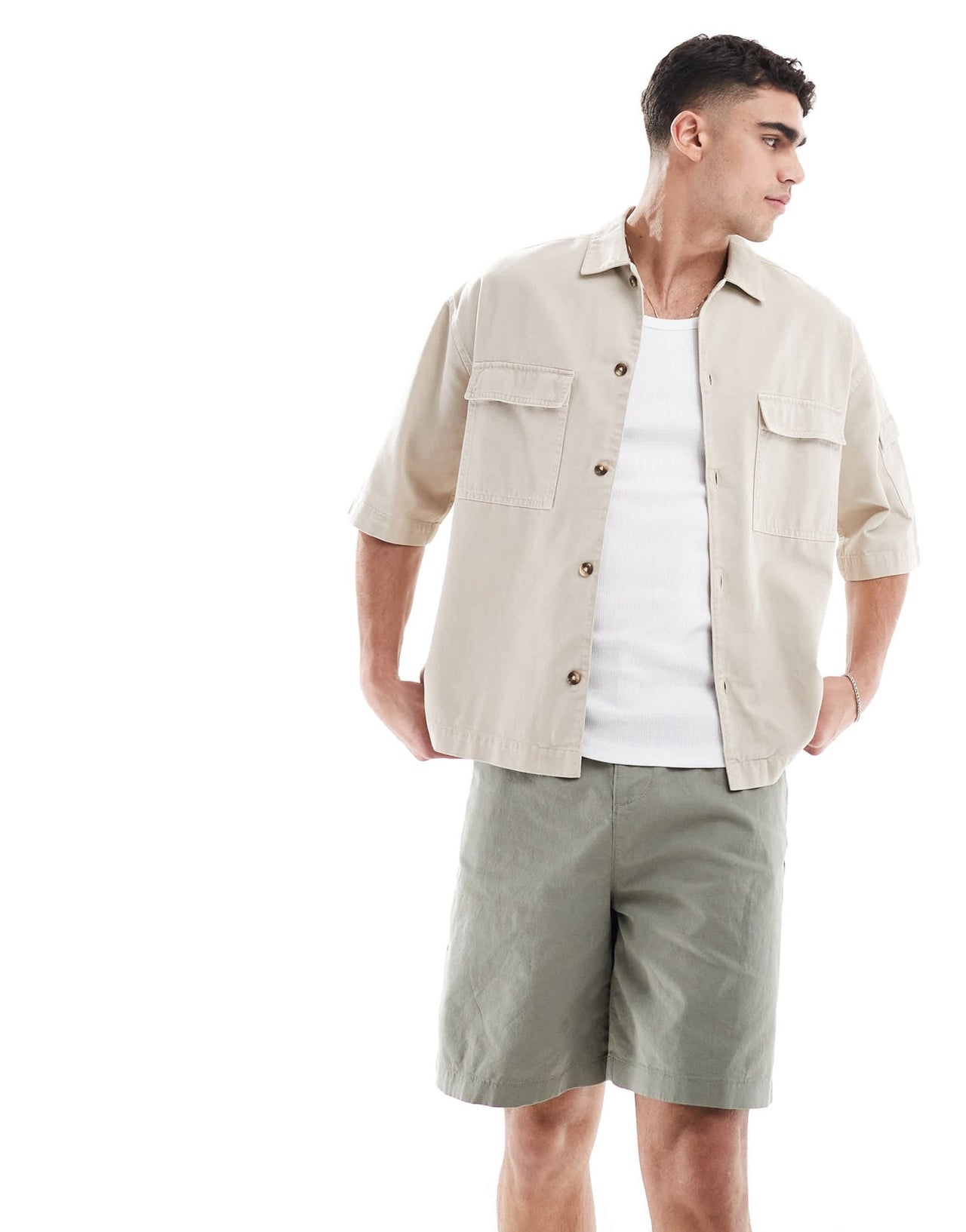 ASOS DESIGN mid length linen blend shorts in khaki - ASOS Sample Sale
