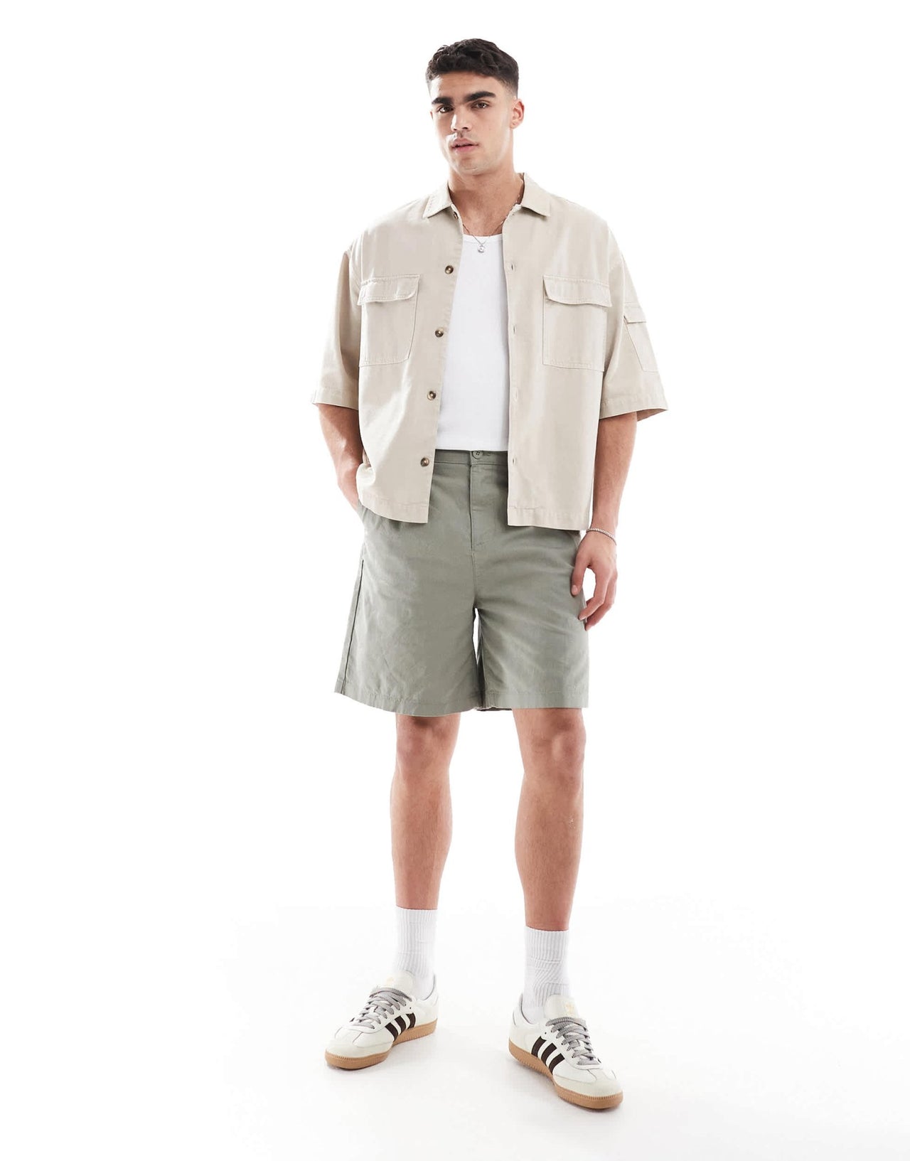 ASOS DESIGN mid length linen blend shorts in khaki - ASOS Sample Sale