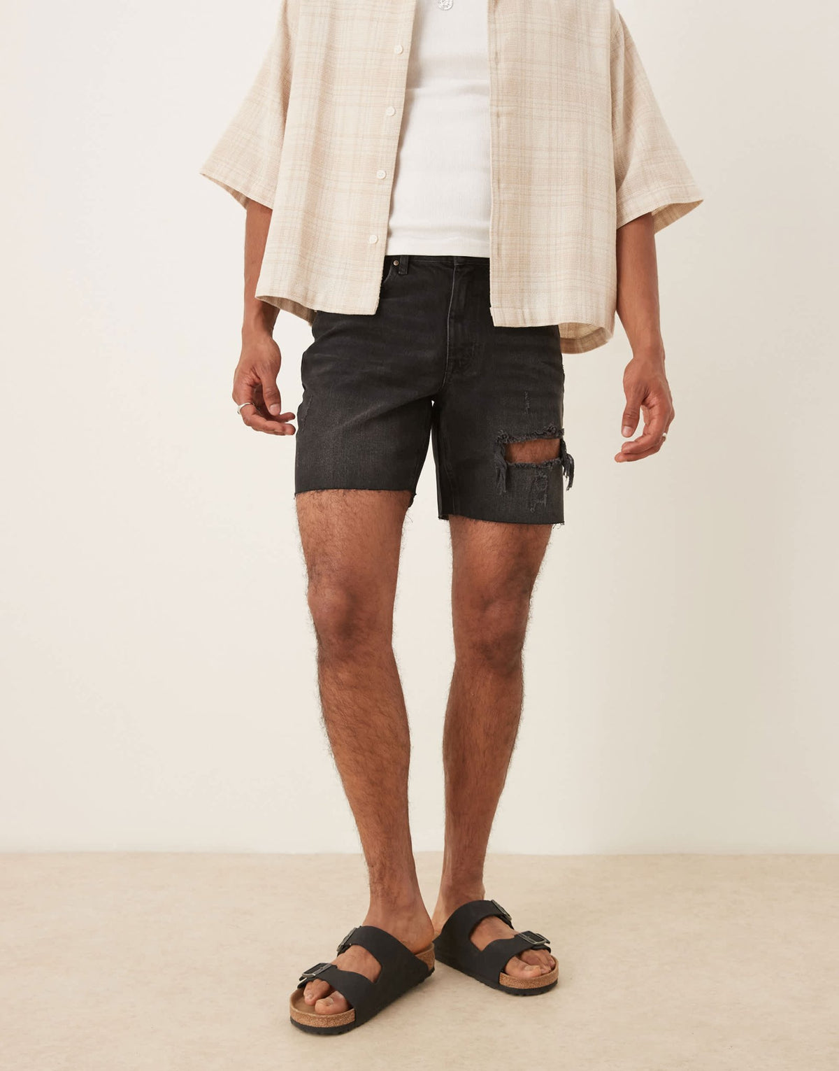 ASOS DESIGN mid length slim denim shorts with rips in black - ASOS Sample Sale