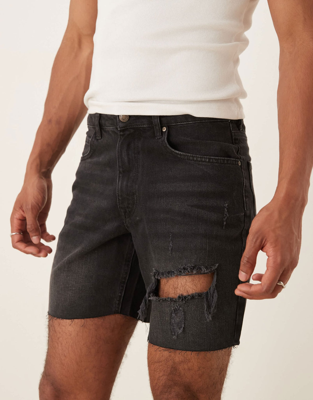 ASOS DESIGN mid length slim denim shorts with rips in black - ASOS Sample Sale