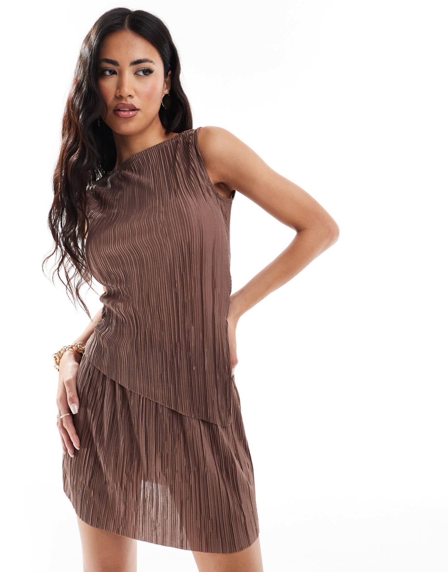 ASOS DESIGN mid rise mini plisse skirt co ord in light brown - ASOS Sample Sale