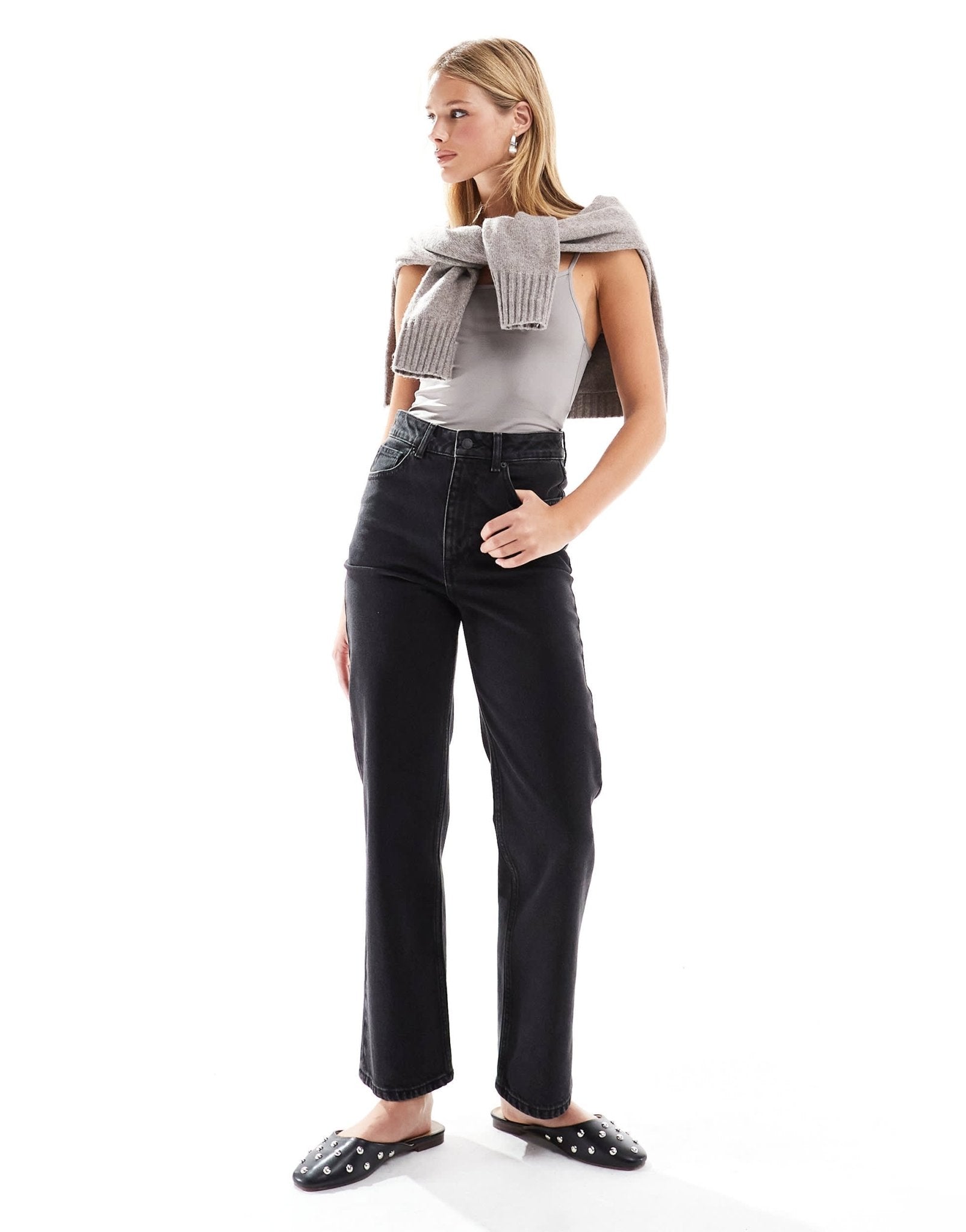 ASOS DESIGN mid rise relaxed straight ankle grazer jean in black - ASOS Sample Sale