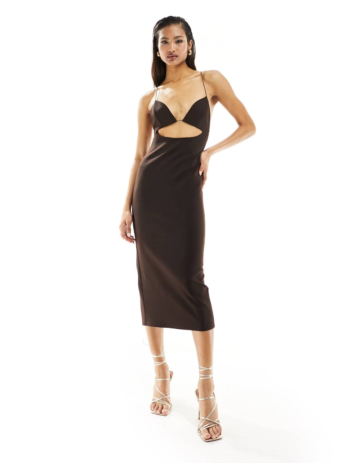 ASOS DESIGN midi dress with under bust cut out and strappy back in chocolate - ASOS Sample Sale