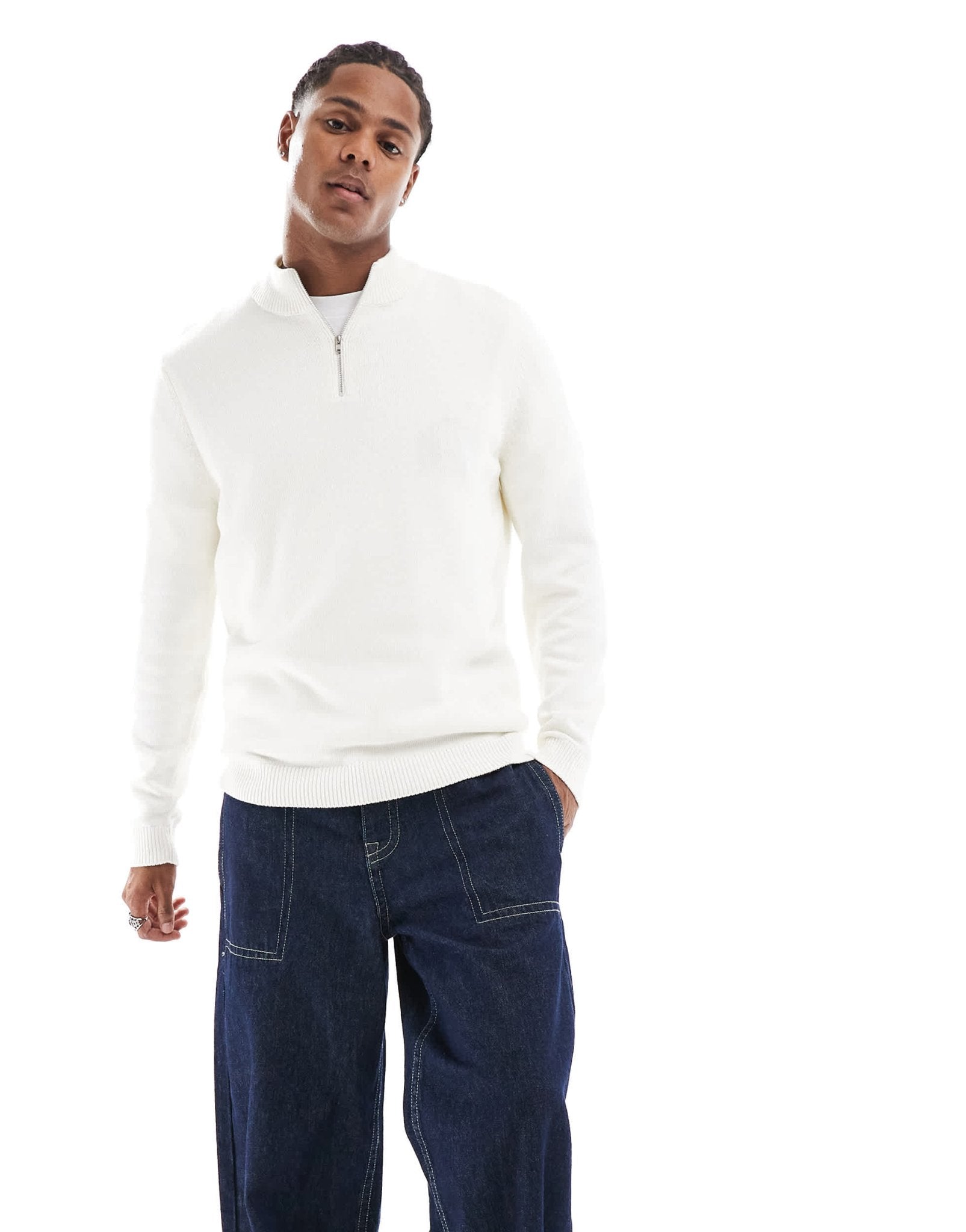 ASOS DESIGN midweight knitted quarter zip jumper in white - ASOS Sample Sale