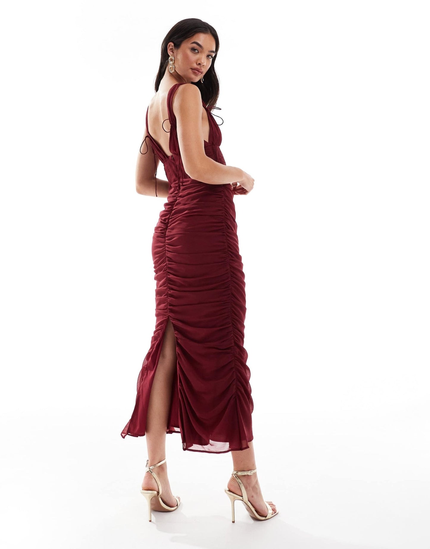 ASOS DESIGN milkmaid lace insert ruched side midi dress in burgundy - ASOS Sample Sale