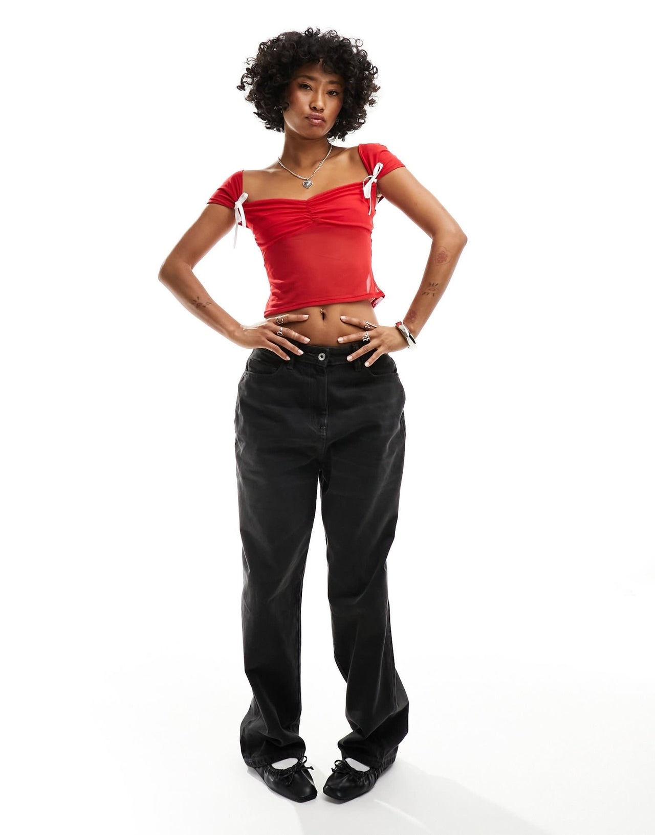 ASOS DESIGN milkmaid short sleeve top with ivory bows in red - ASOS Sample Sale