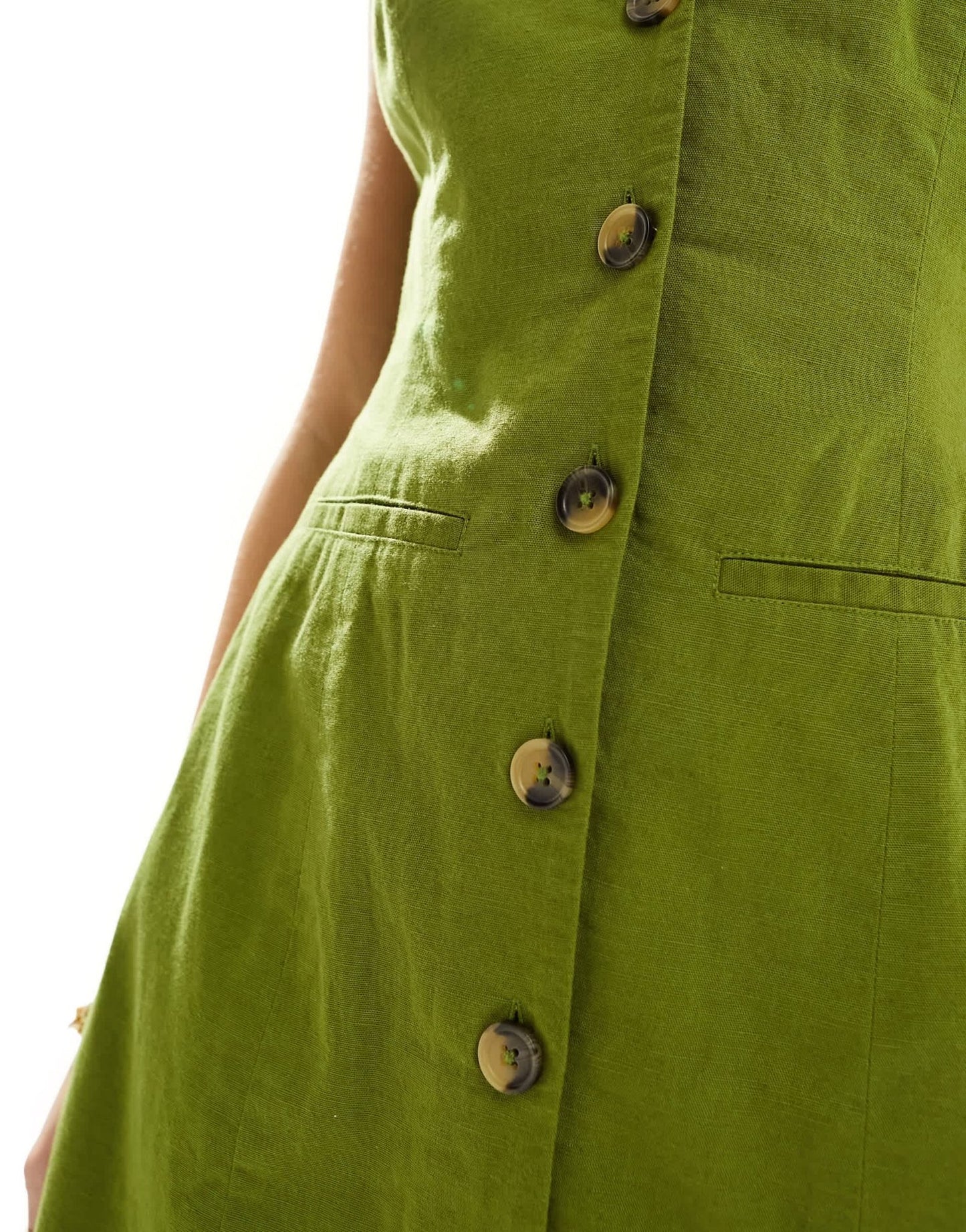 ASOS DESIGN Mini button through linen waistcoat dress in khaki - ASOS Sample Sale