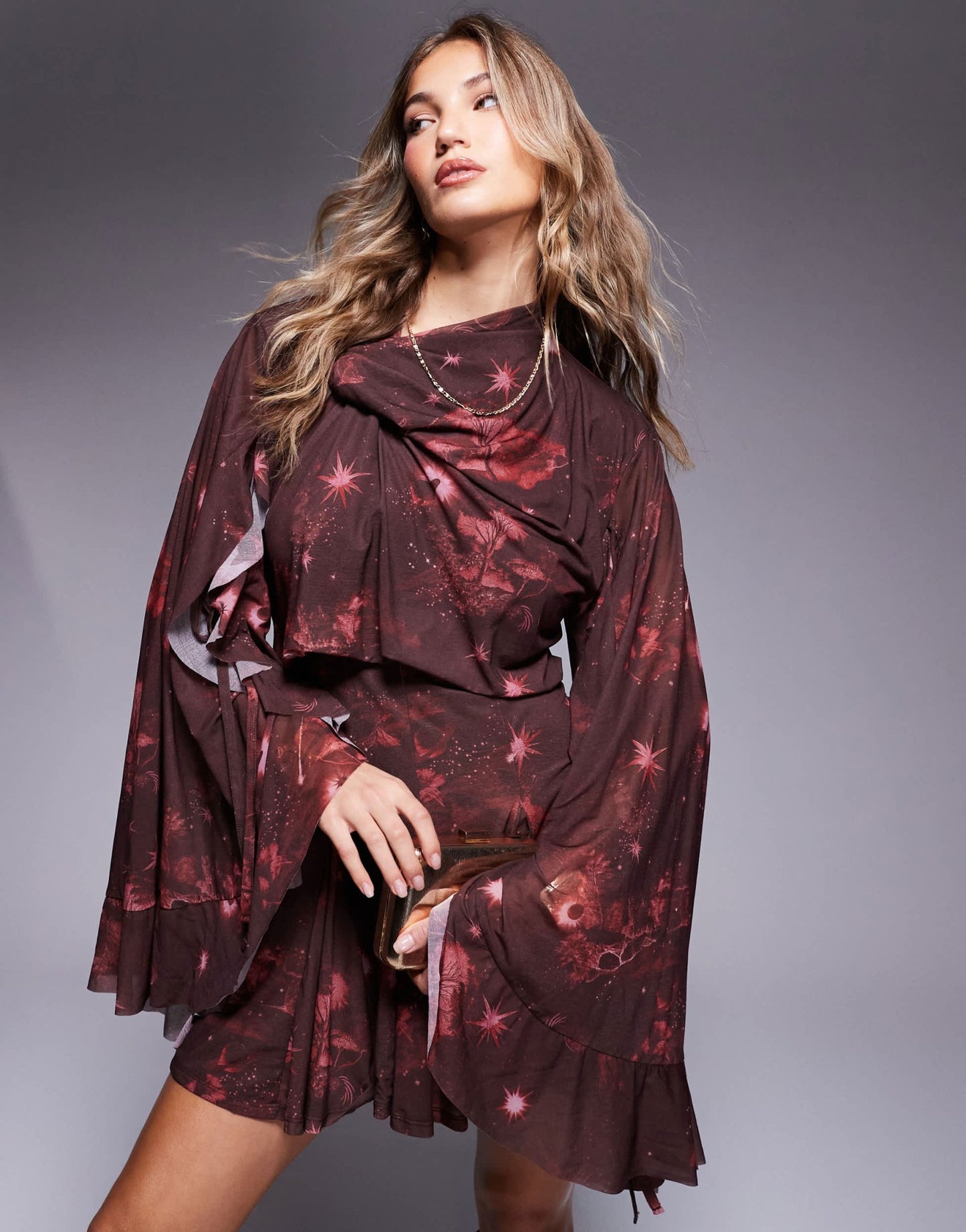ASOS DESIGN mini dress with asym cowl back detail and ruffles in cosmic burgundy print - ASOS Sample Sale