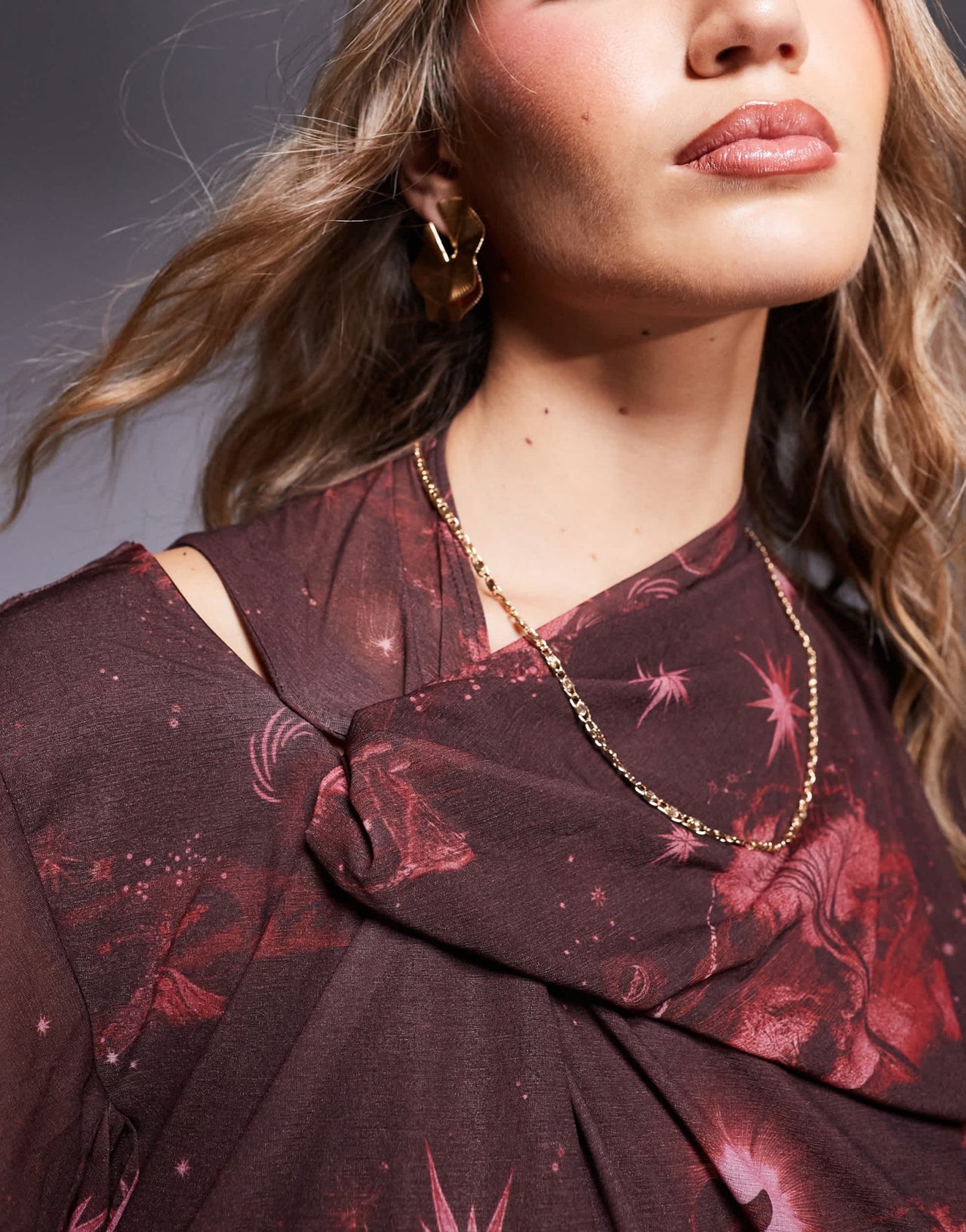 ASOS DESIGN mini dress with asym cowl back detail and ruffles in cosmic burgundy print - ASOS Sample Sale