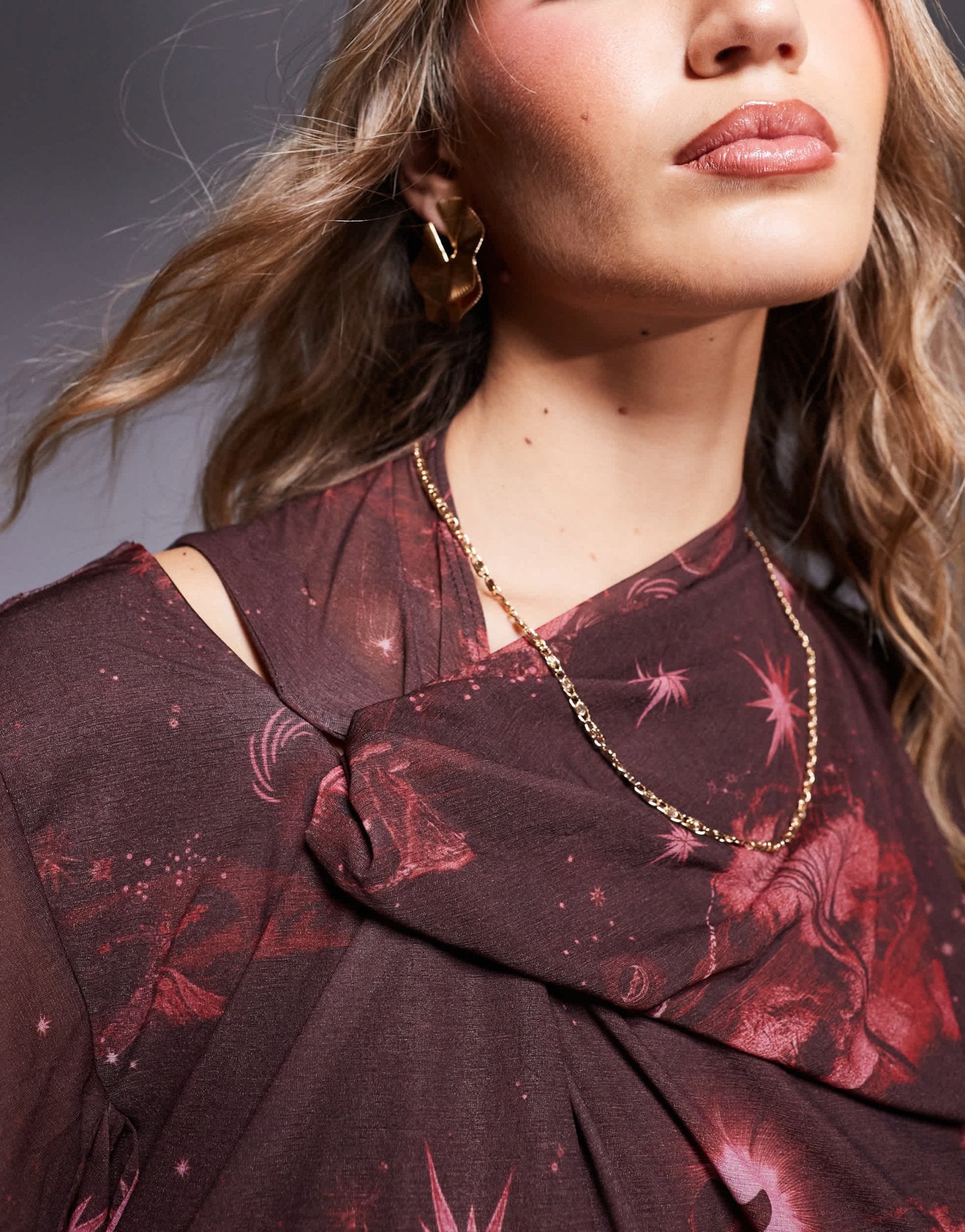 ASOS DESIGN mini dress with asym cowl back detail and ruffles in cosmic burgundy print - ASOS Sample Sale