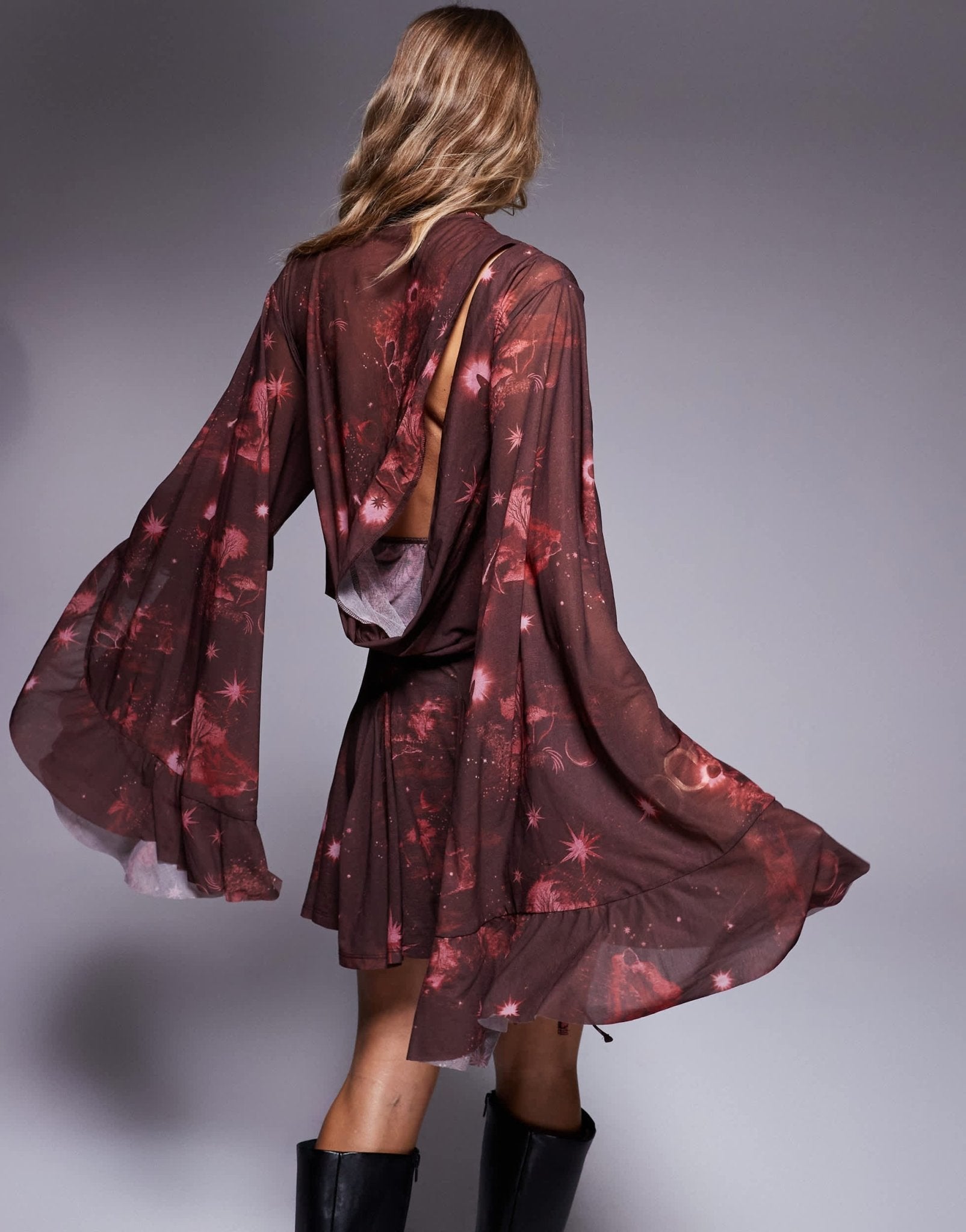ASOS DESIGN mini dress with asym cowl back detail and ruffles in cosmic burgundy print - ASOS Sample Sale