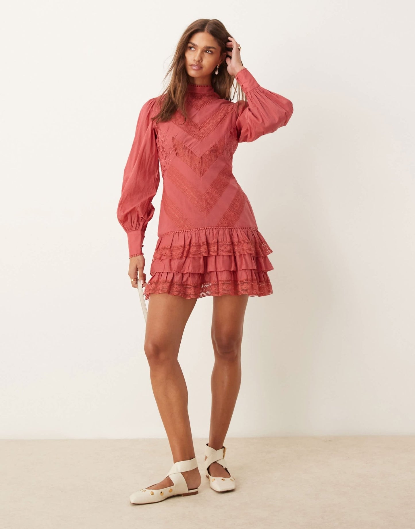 ASOS DESIGN mini lace embroidered frill dress in smoky rose - ASOS Sample Sale