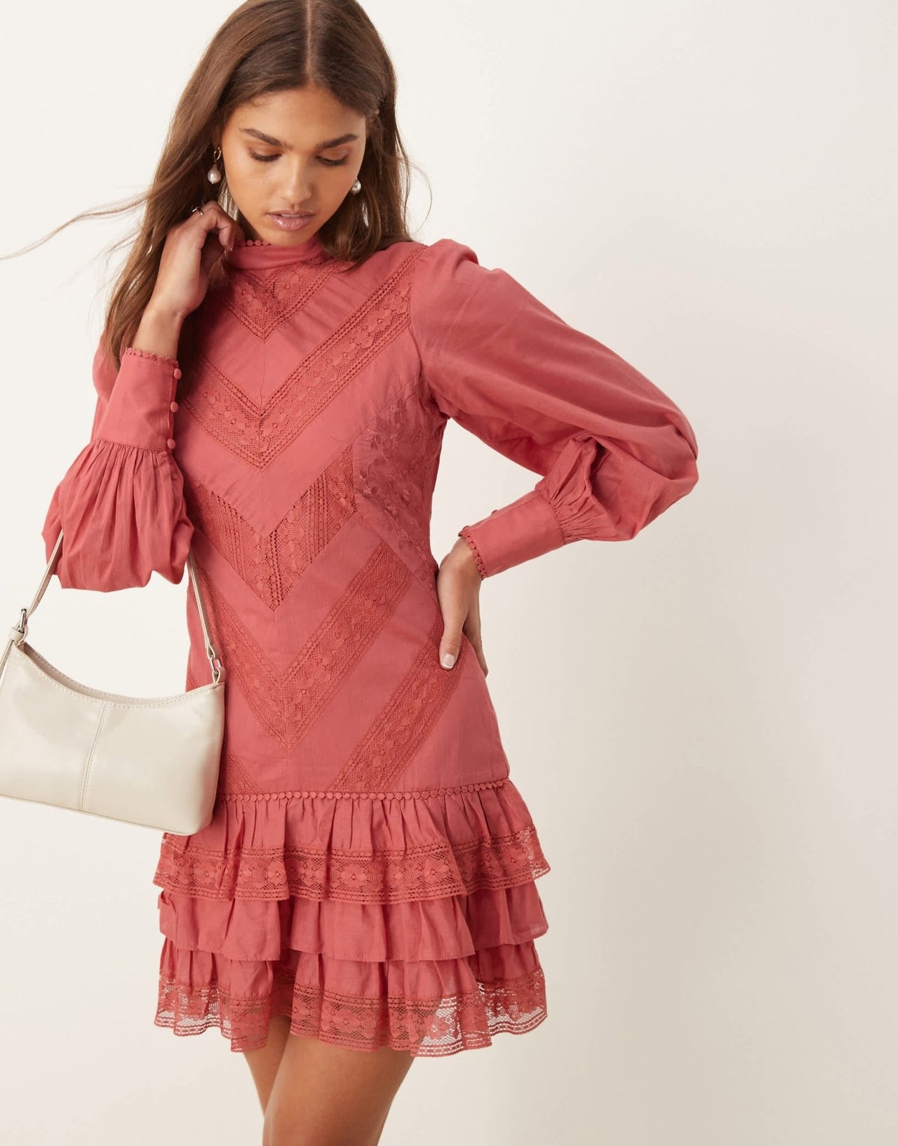 ASOS DESIGN mini lace embroidered frill dress in smoky rose - ASOS Sample Sale