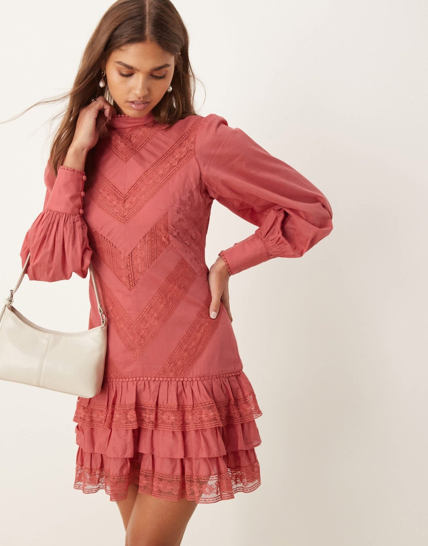 ASOS DESIGN mini lace embroidered frill dress in smoky rose - ASOS Sample Sale