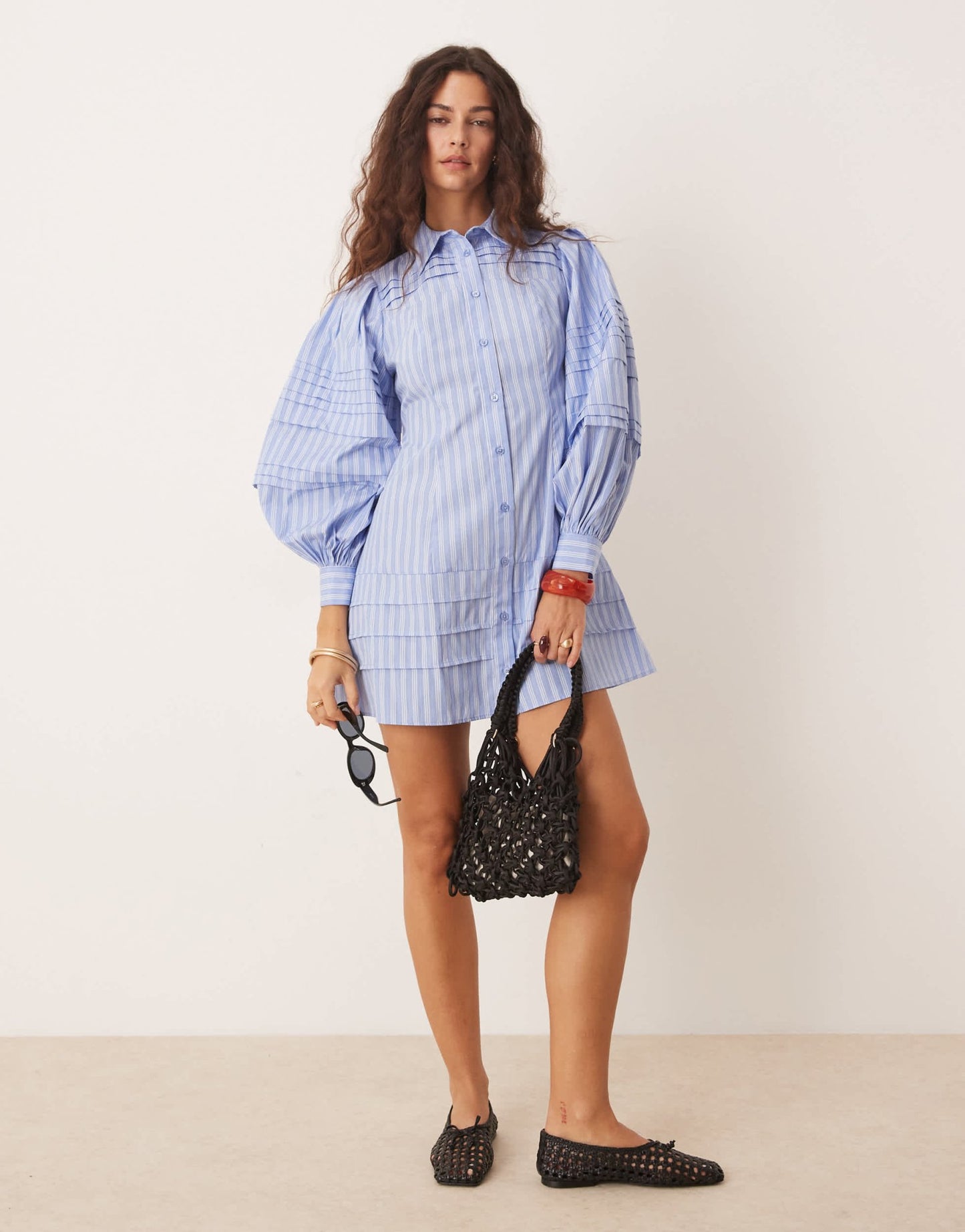 ASOS DESIGN mini shirt dress with pintucks in blue stripe - ASOS Sample Sale