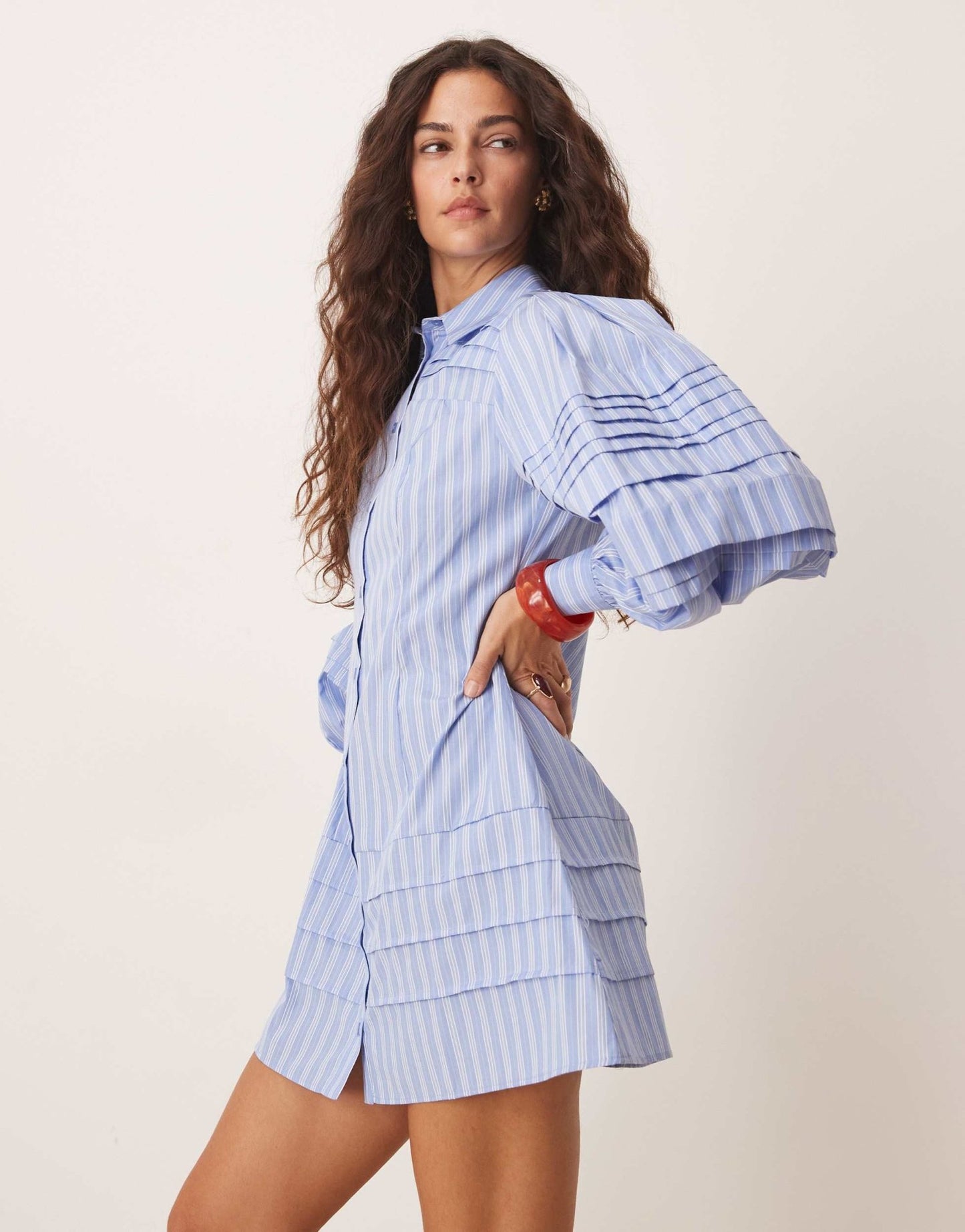 ASOS DESIGN mini shirt dress with pintucks in blue stripe - ASOS Sample Sale