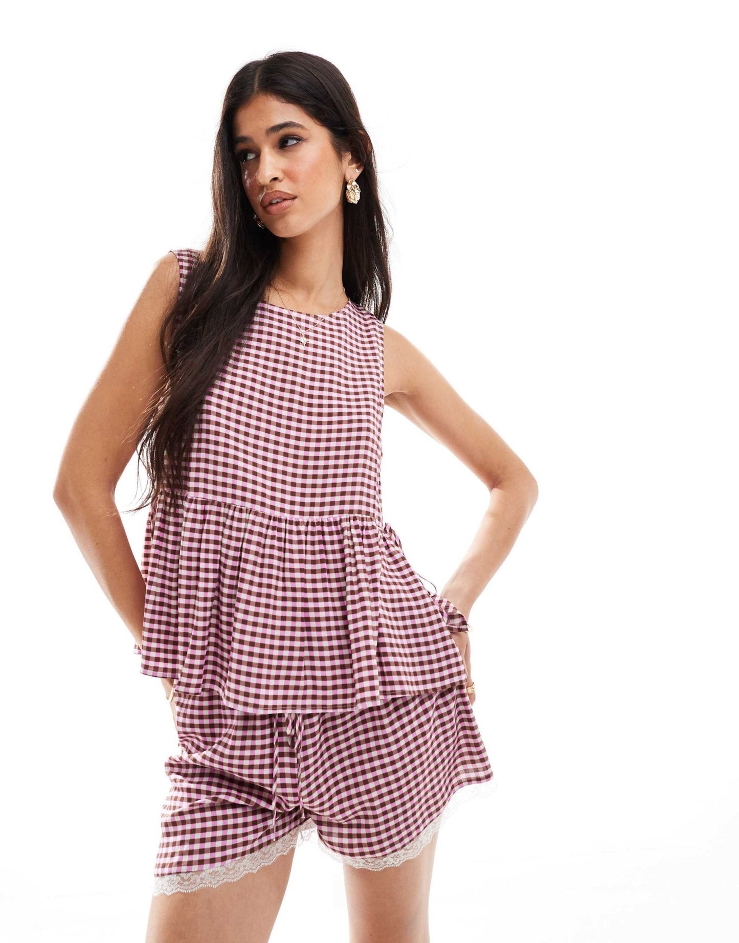 ASOS DESIGN mini short with lace trim in two tone gingham - ASOS Sample Sale