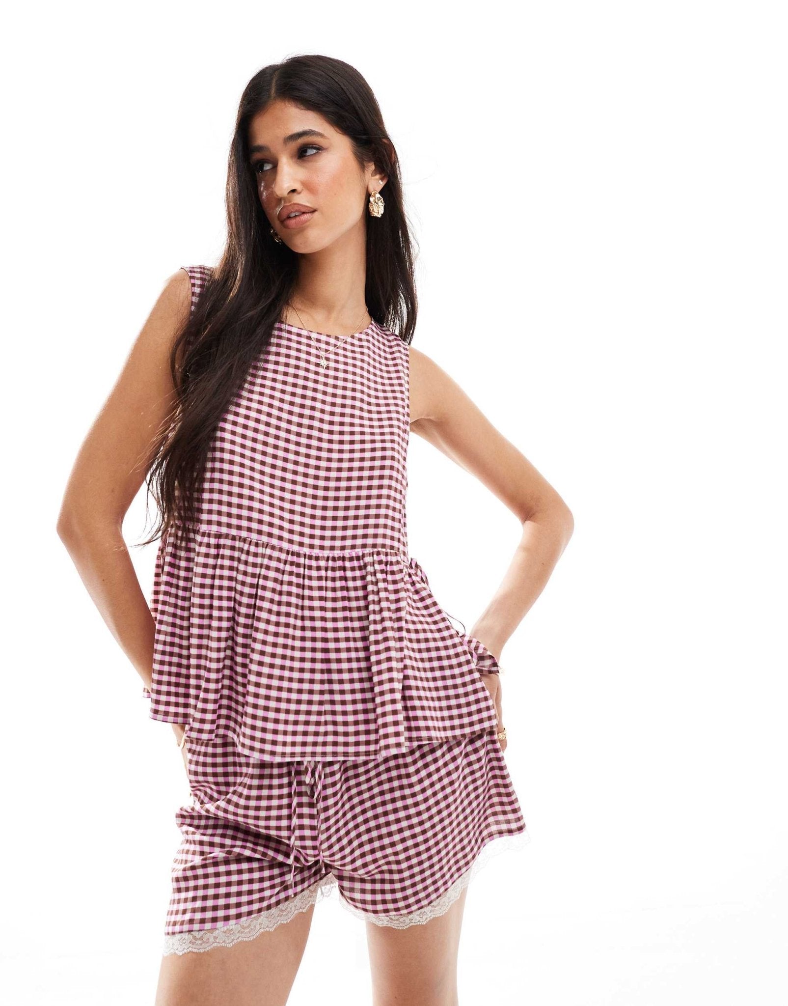 ASOS DESIGN mini short with lace trim in two tone gingham - ASOS Sample Sale