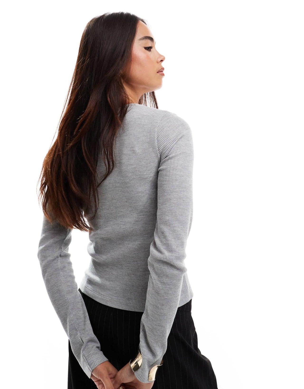 ASOS DESIGN mini v neck long sleeve top in waffle in grey marl - ASOS Sample Sale