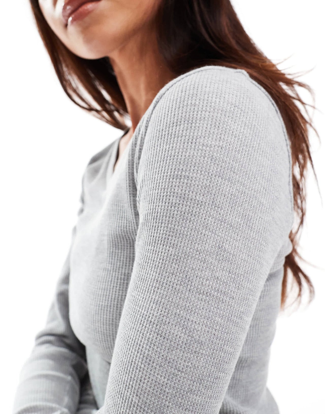 ASOS DESIGN mini v neck long sleeve top in waffle in grey marl - ASOS Sample Sale