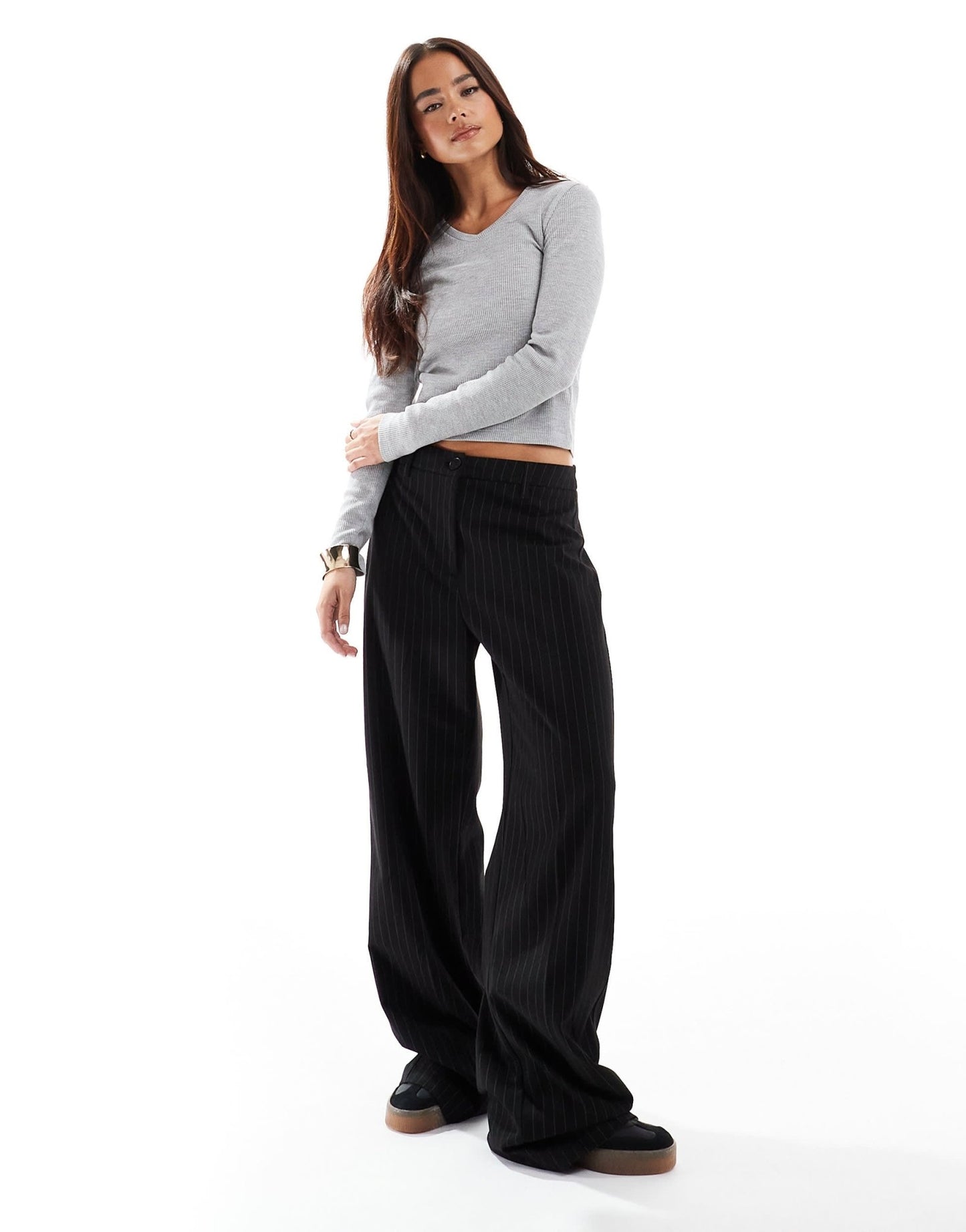 ASOS DESIGN mini v neck long sleeve top in waffle in grey marl - ASOS Sample Sale