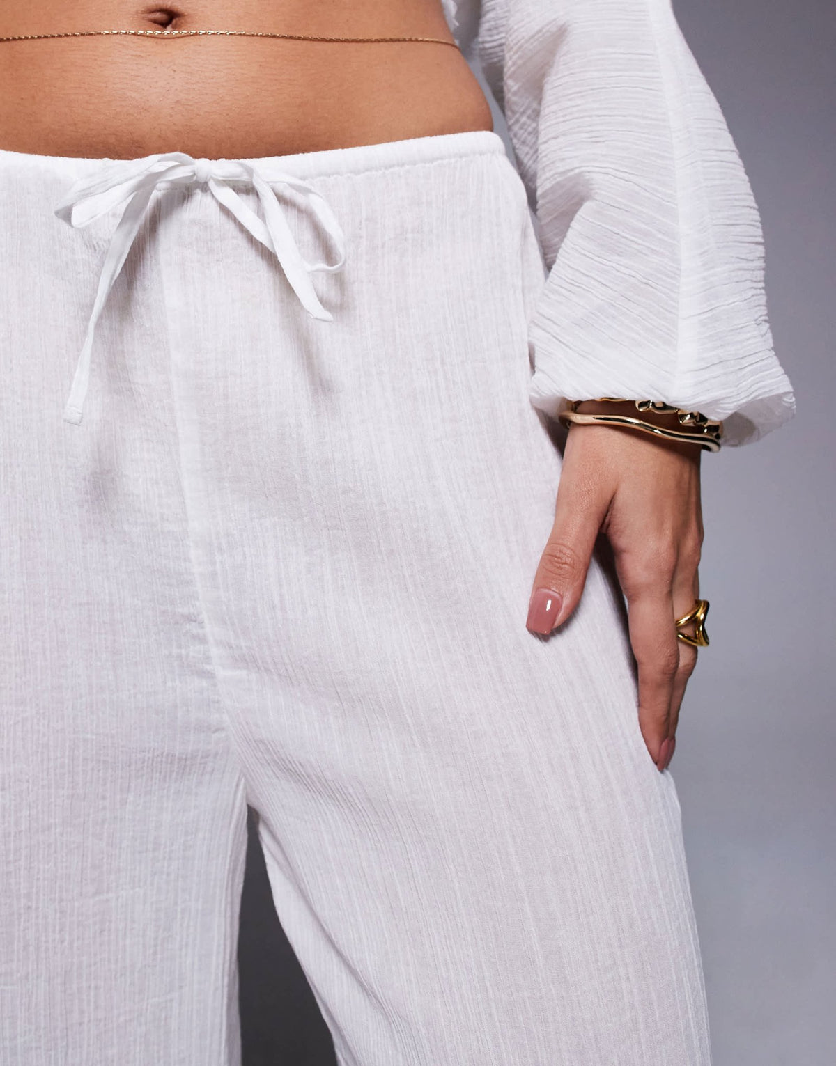 ASOS DESIGN Mira cotton crinkle wide leg beach trouser in white - ASOS Sample Sale