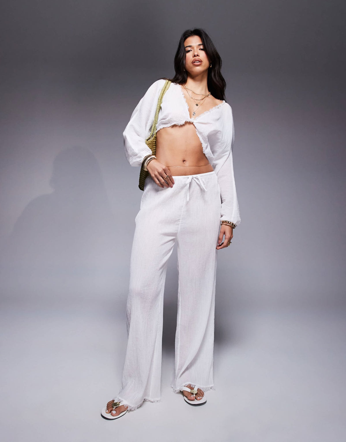 ASOS DESIGN Mira cotton crinkle wide leg beach trouser in white - ASOS Sample Sale
