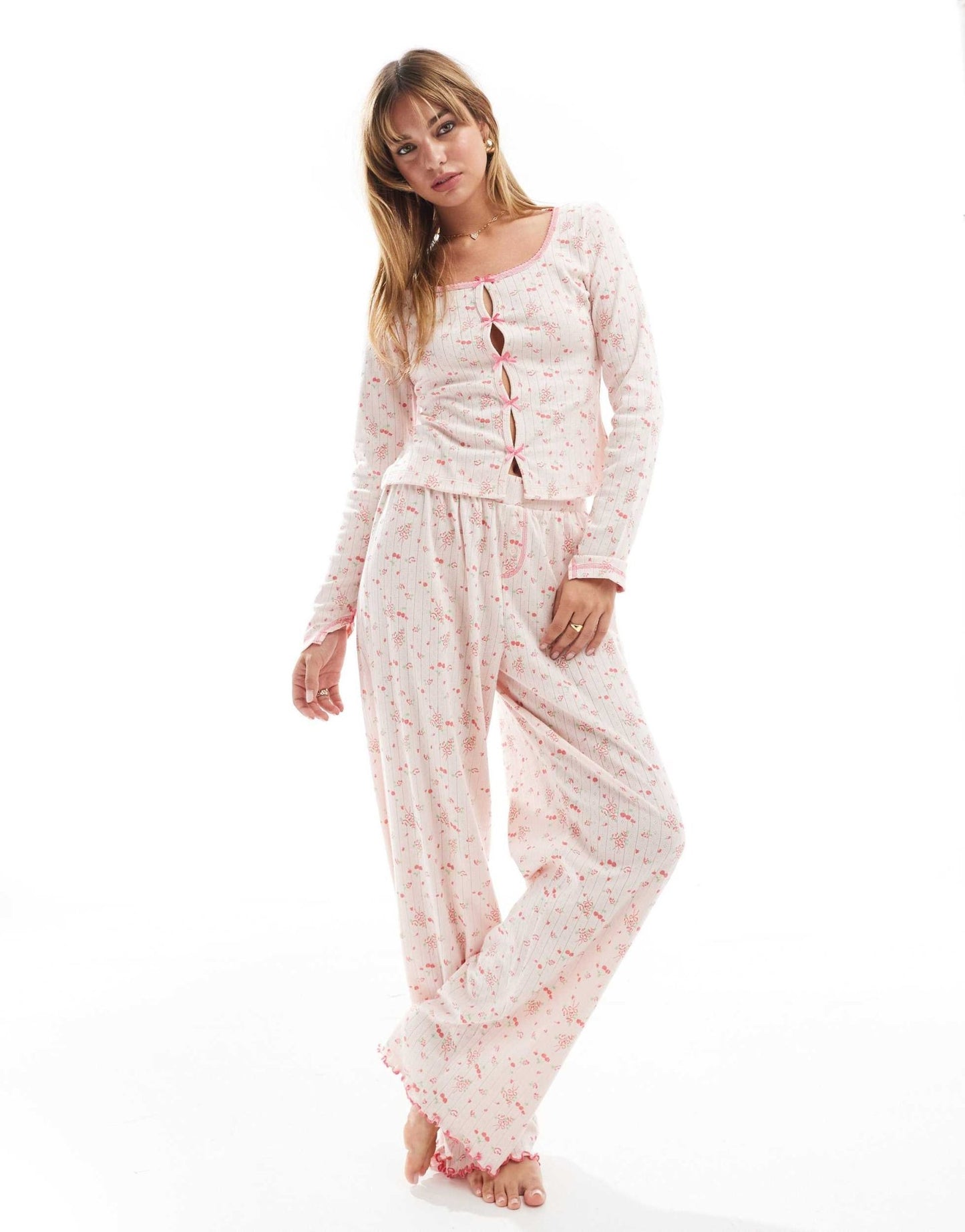 ASOS DESIGN mix & match ditsy bow print pointelle pyjama cardigan in pink - ASOS Sample Sale