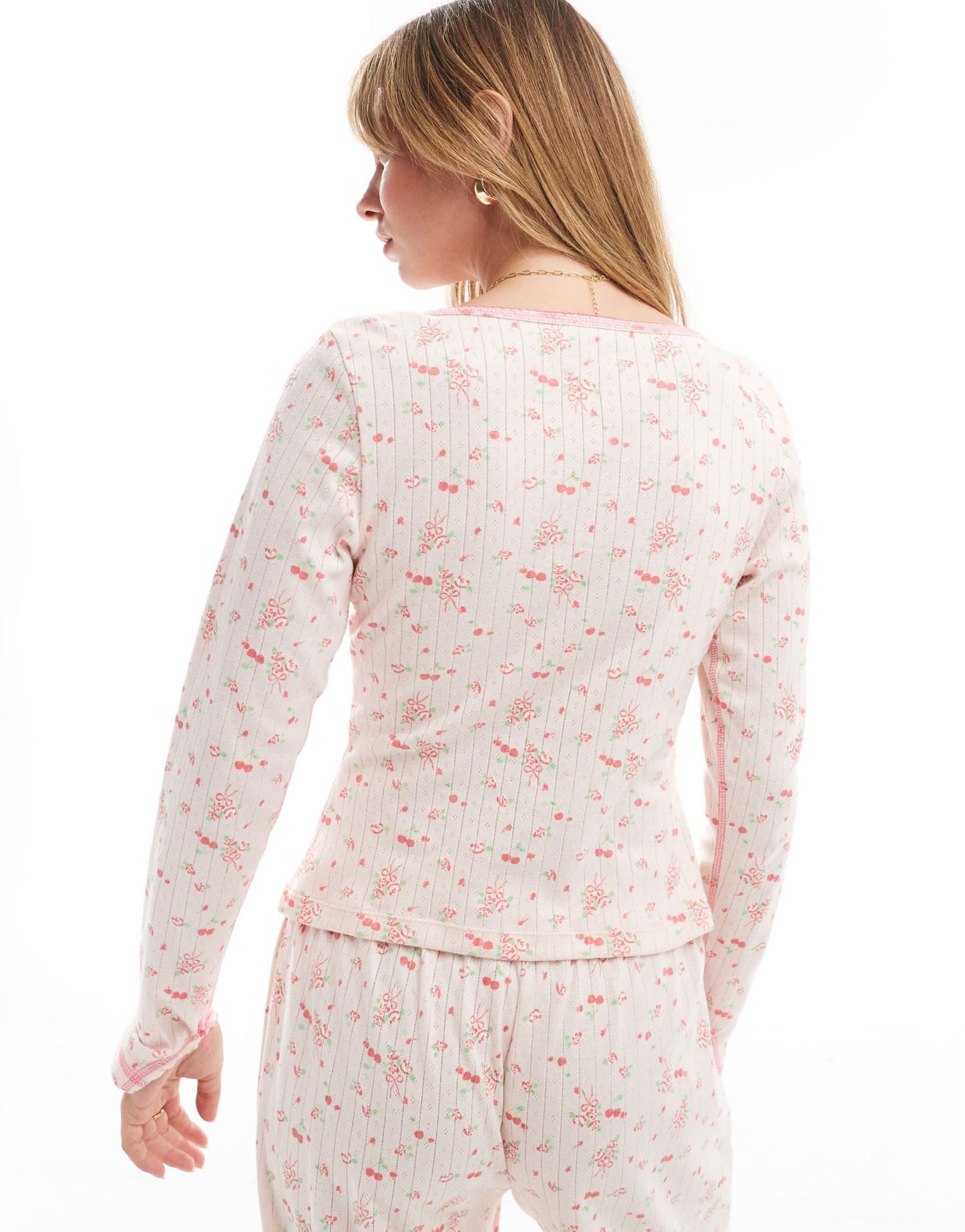 ASOS DESIGN mix & match ditsy bow print pointelle pyjama cardigan in pink - ASOS Sample Sale