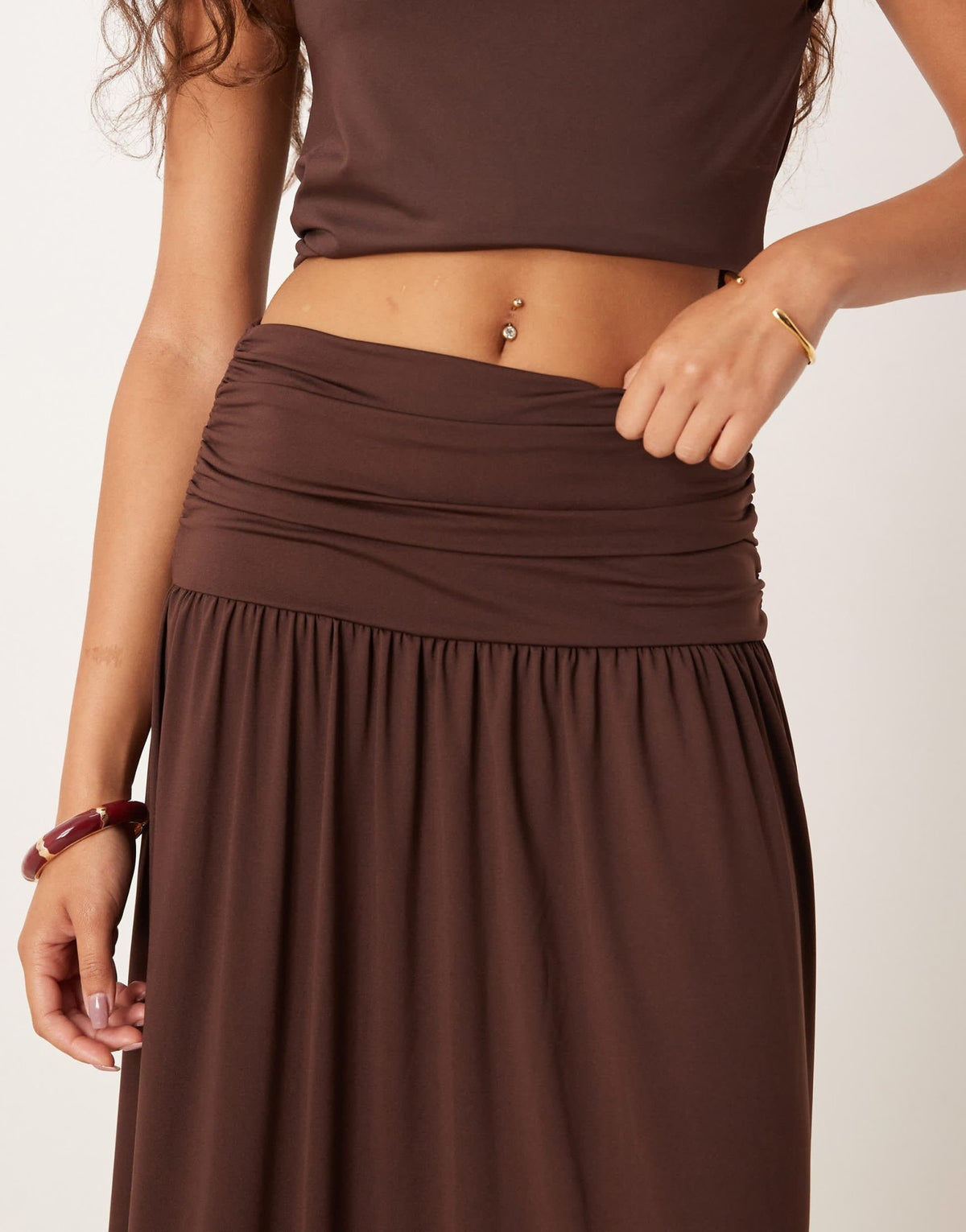 ASOS DESIGN mix & match drop waist ruched maxi skirt in chocolate - ASOS Sample Sale