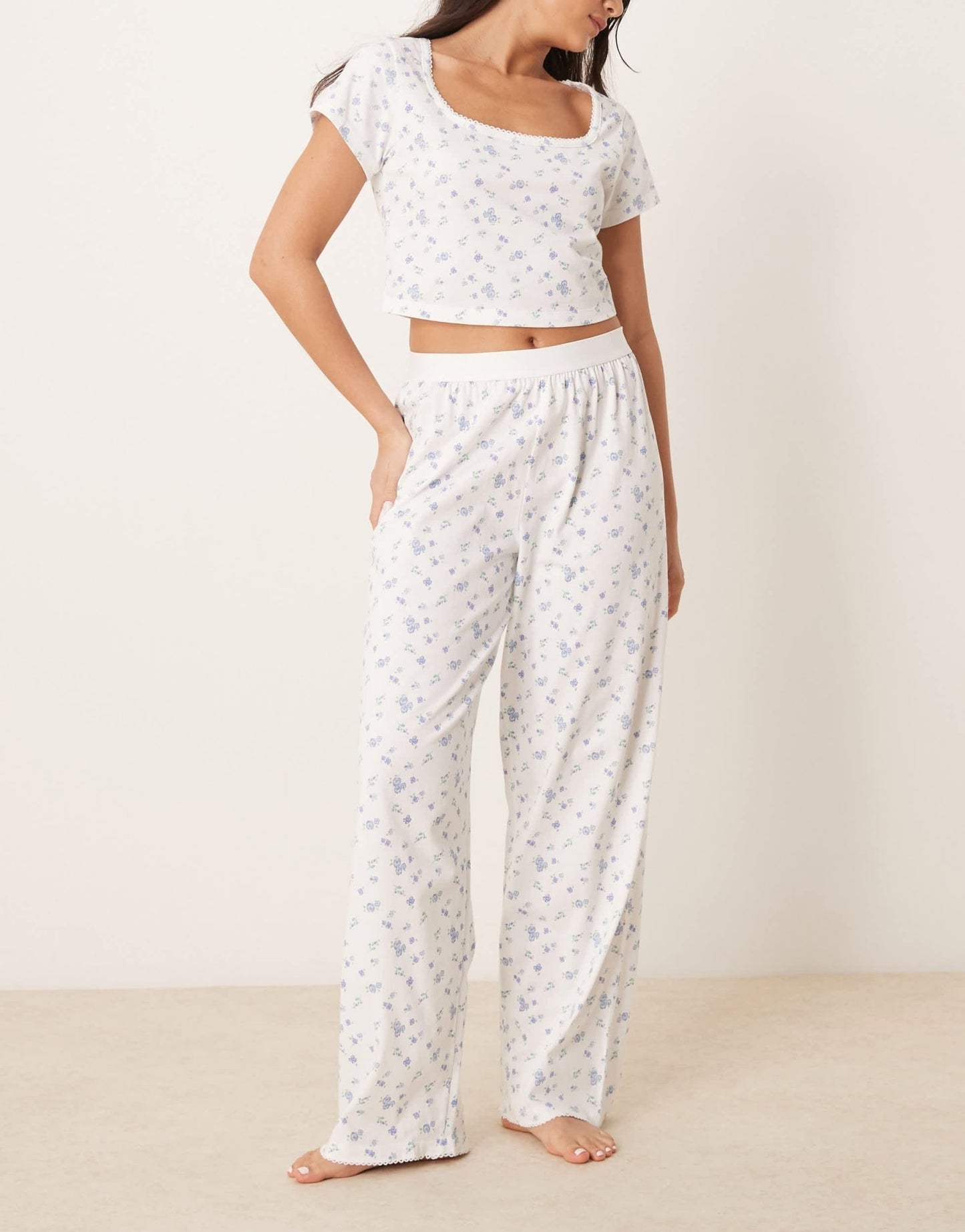 ASOS DESIGN mix & match fitted pyjama tee with picot trim in blue ditsy print - ASOS Sample Sale