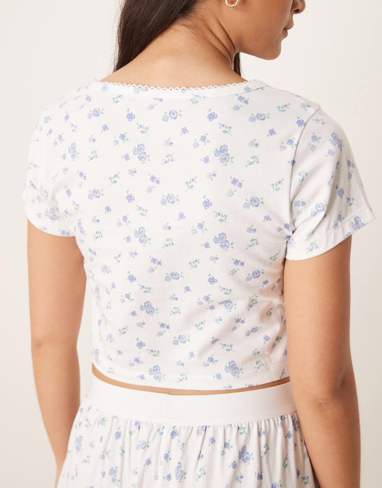 ASOS DESIGN mix & match fitted pyjama tee with picot trim in blue ditsy print - ASOS Sample Sale