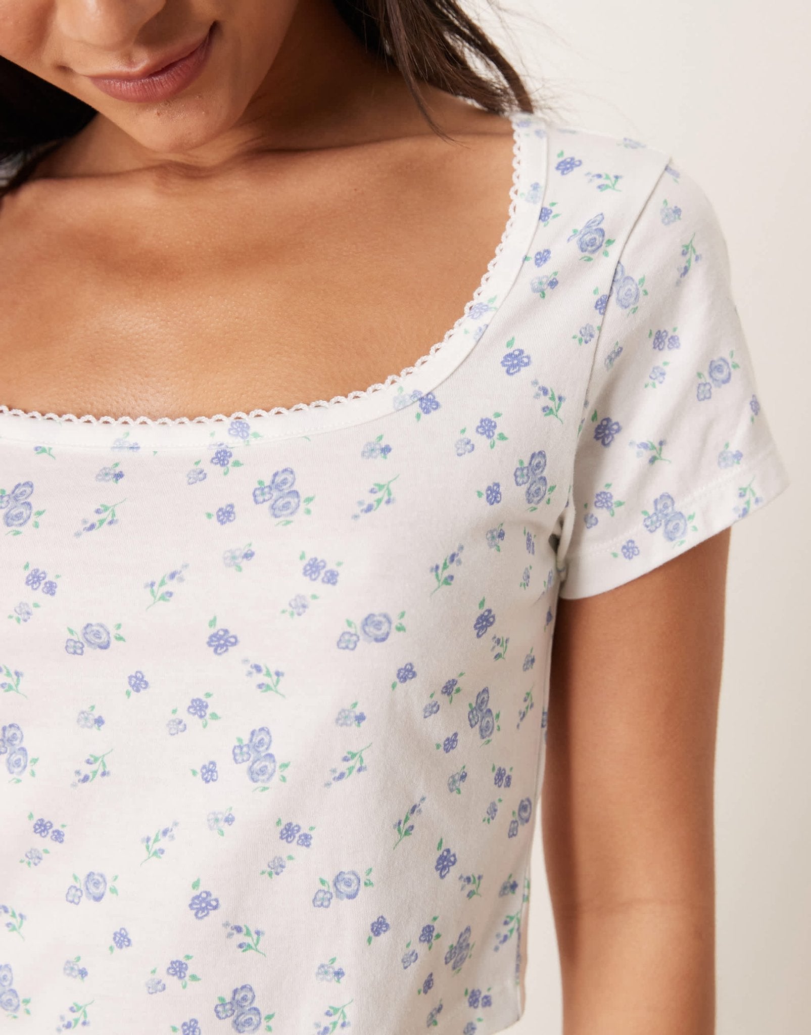 ASOS DESIGN mix & match fitted pyjama tee with picot trim in blue ditsy print - ASOS Sample Sale