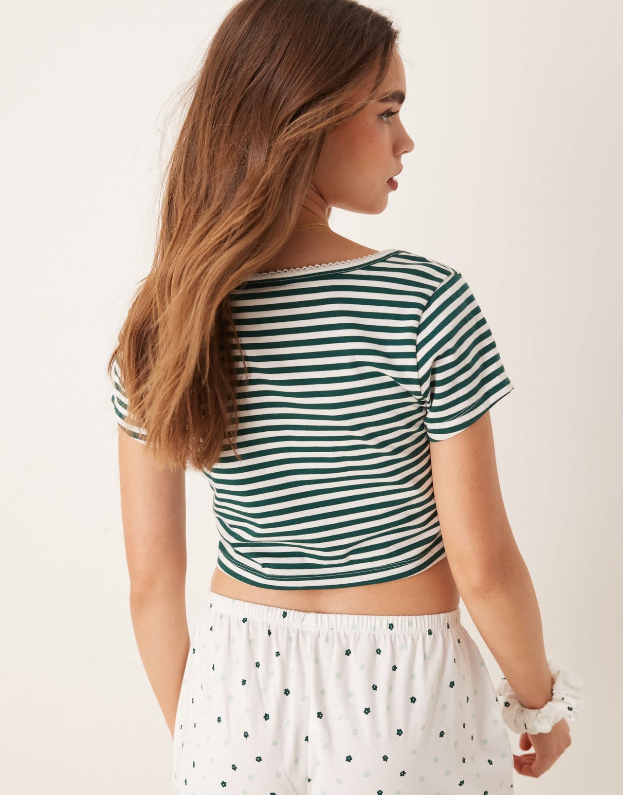 ASOS DESIGN mix & match fitted pyjama tee with picot trim in green stripe - ASOS Sample Sale