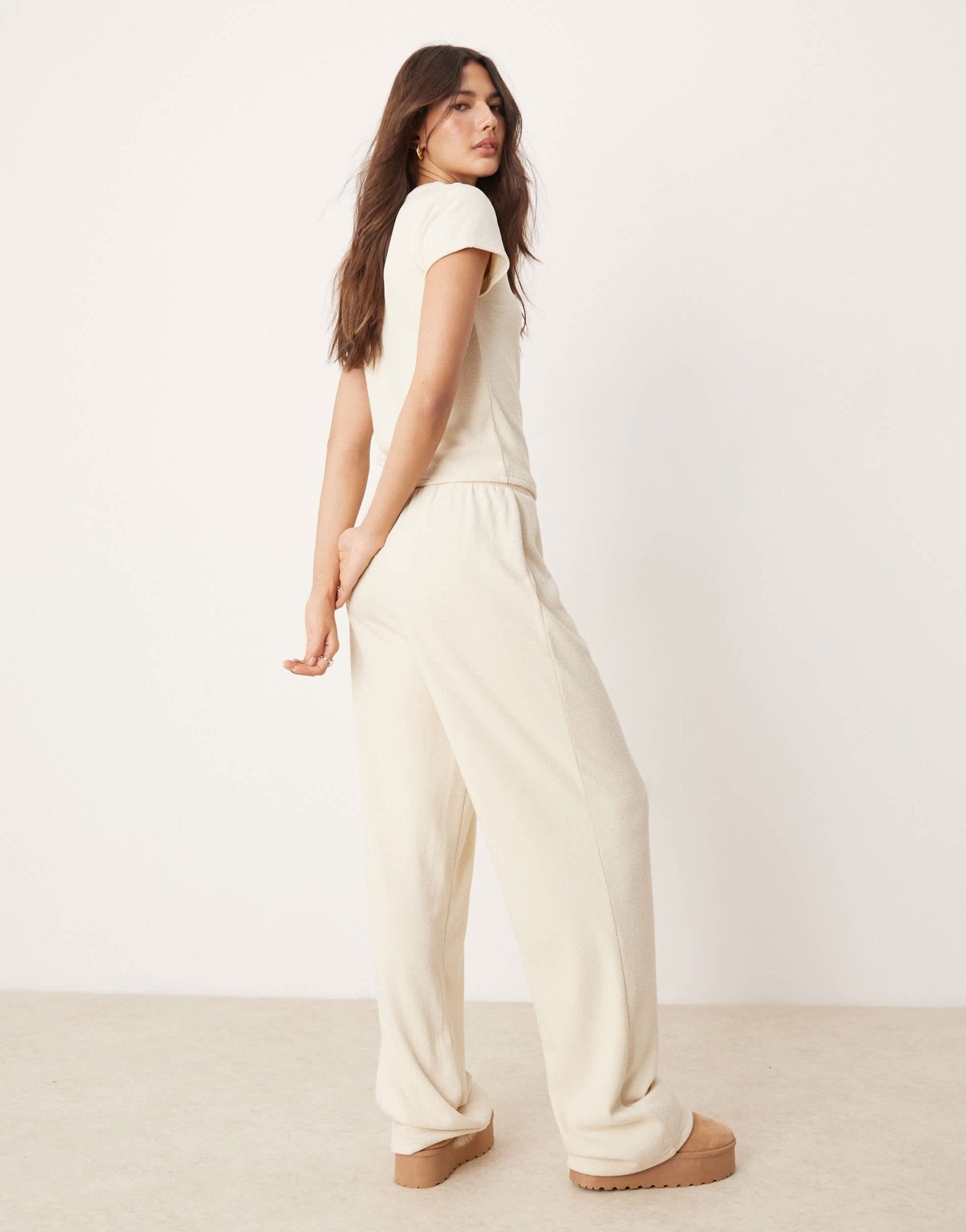 ASOS DESIGN mix & match lounge fluffy sock wide leg trouser in cream - ASOS Sample Sale